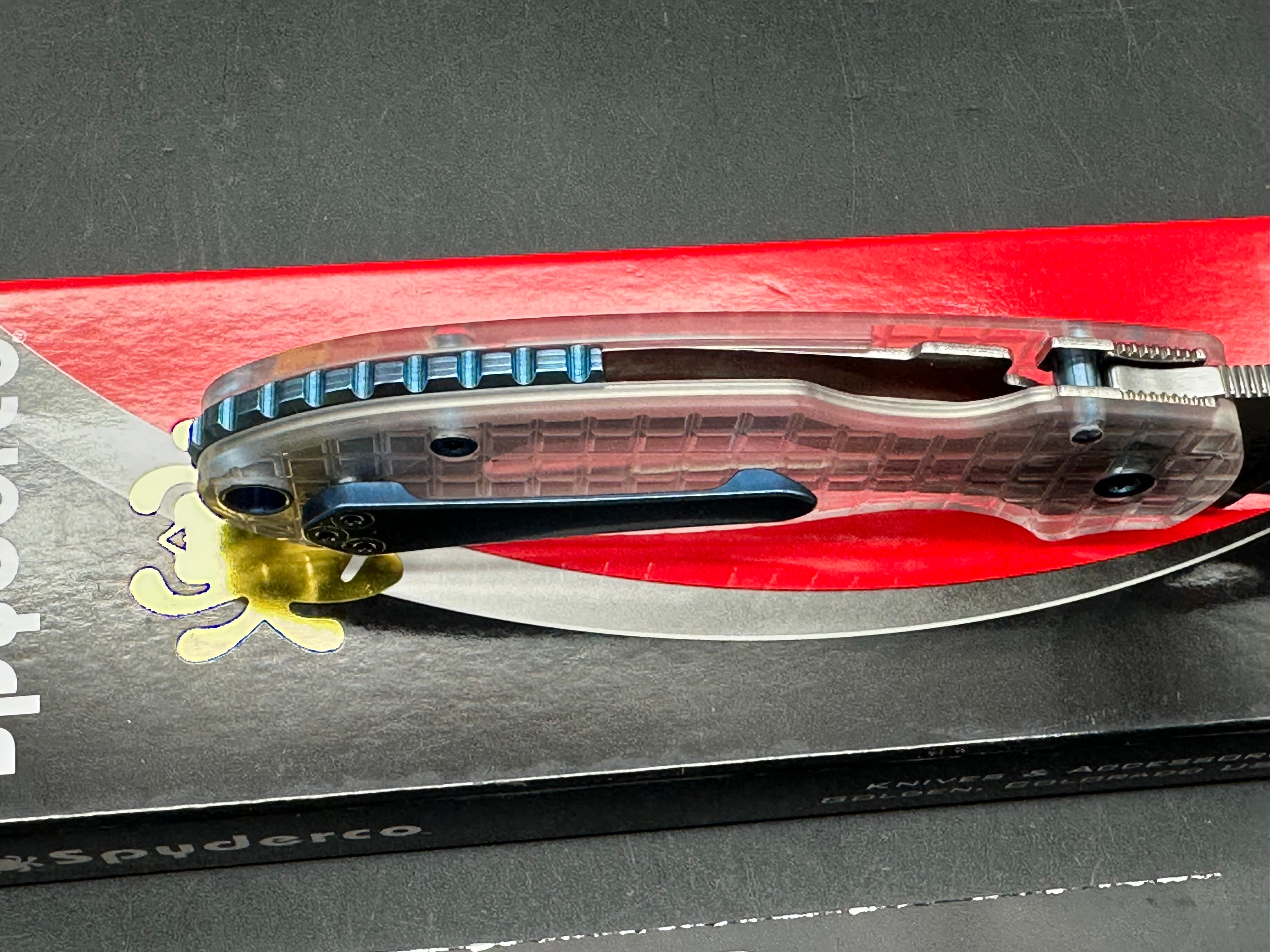 Spyderco Para 3, 2.93" CPM S45VN Stonewash Pacific Sons Acrylic Clear Scales and Blue Anodized Hardware and Ripp's Garage Tech (RGT) Titanium Blue Pocket Clip
