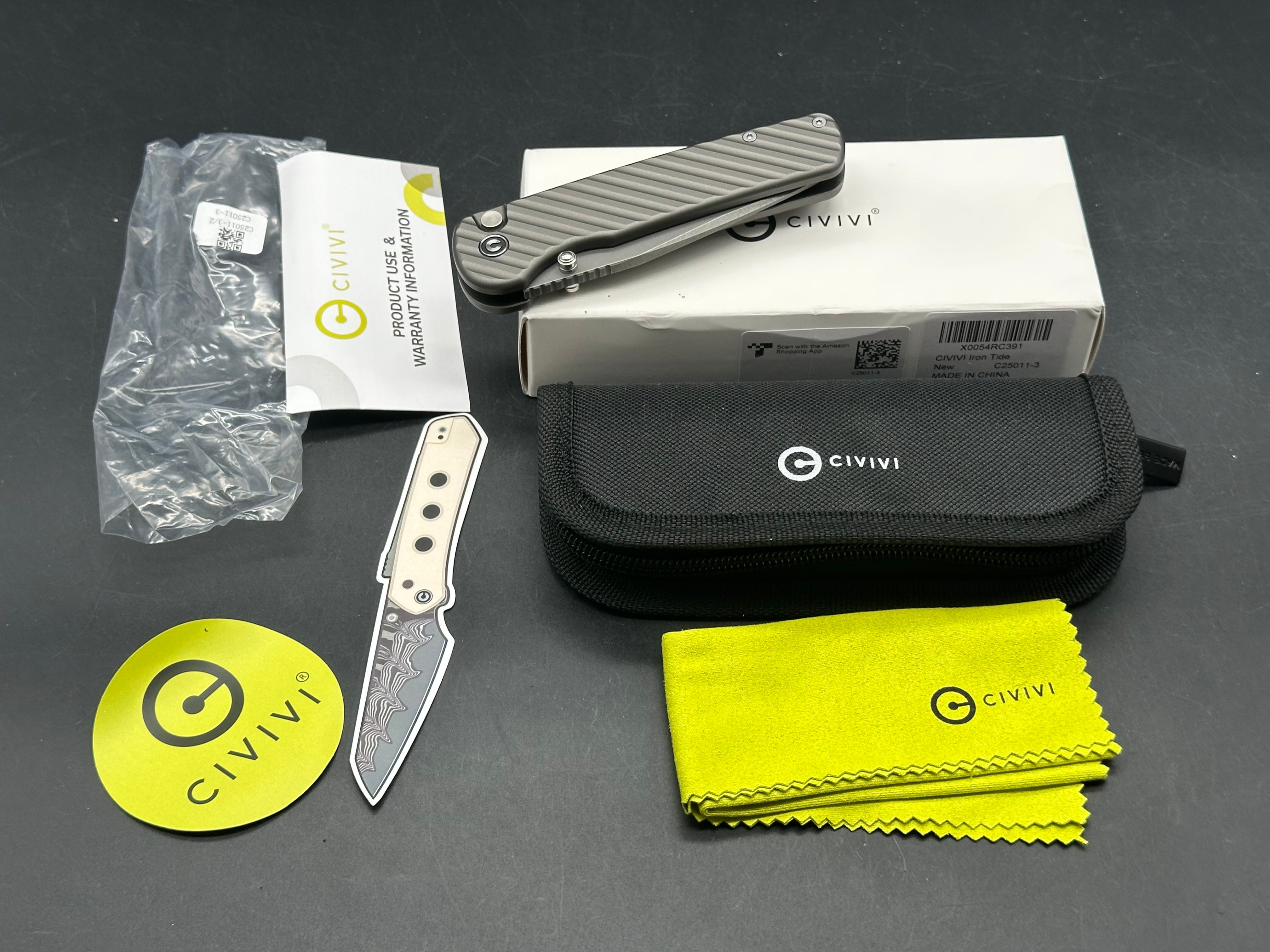 Civivi Iron Tide, 3.24" 14C28N Gray Stonewash Clip Point Blade with Gray Anodized Milled Aluminum Scales