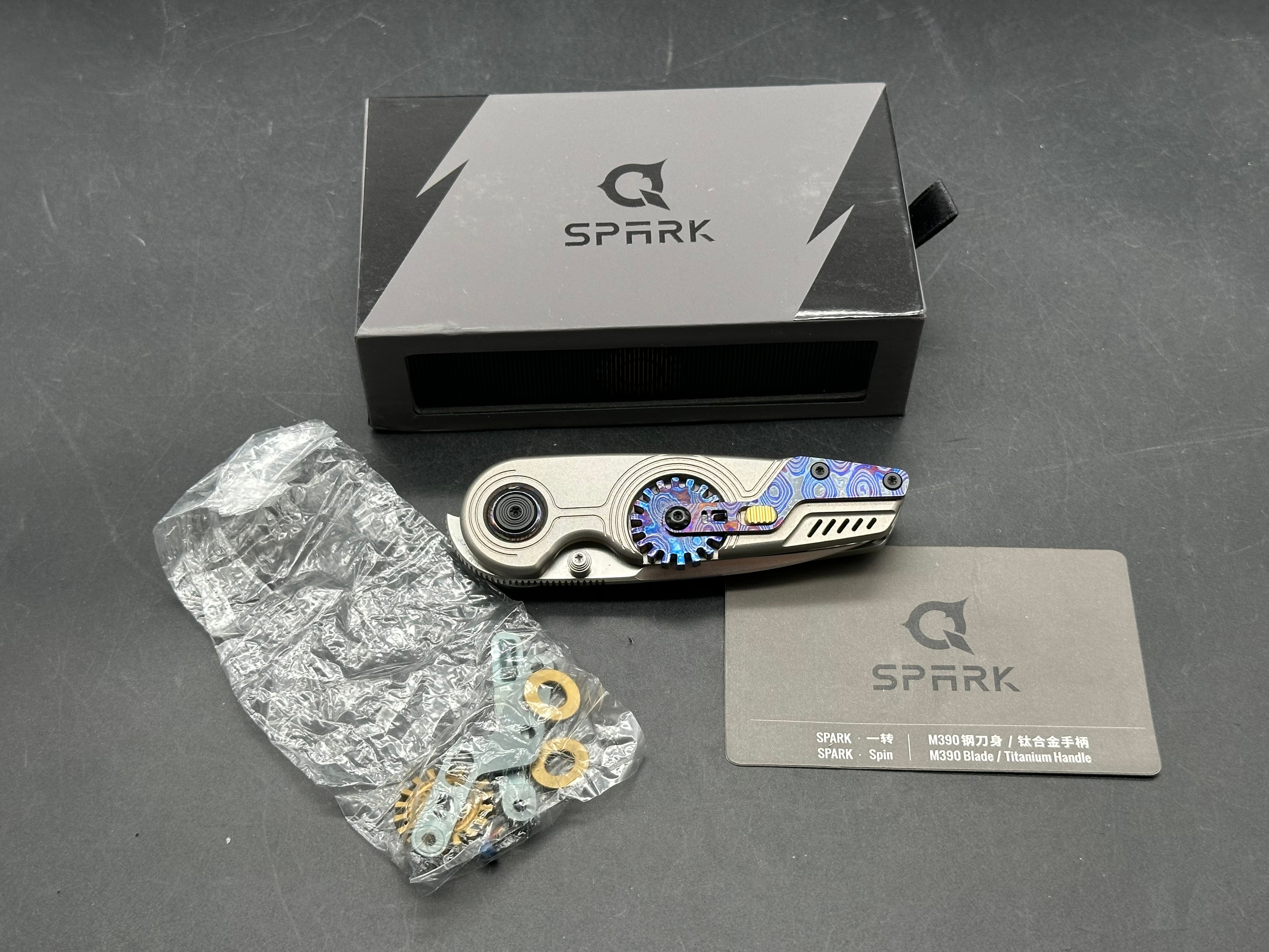 Spark EDC - Spin/Grey Milled Ti Frame, w/ Zircuti Showside Built-in Fidget Gear + Zircuti & Bronze Ano Accents/Drop Point/Satin M390