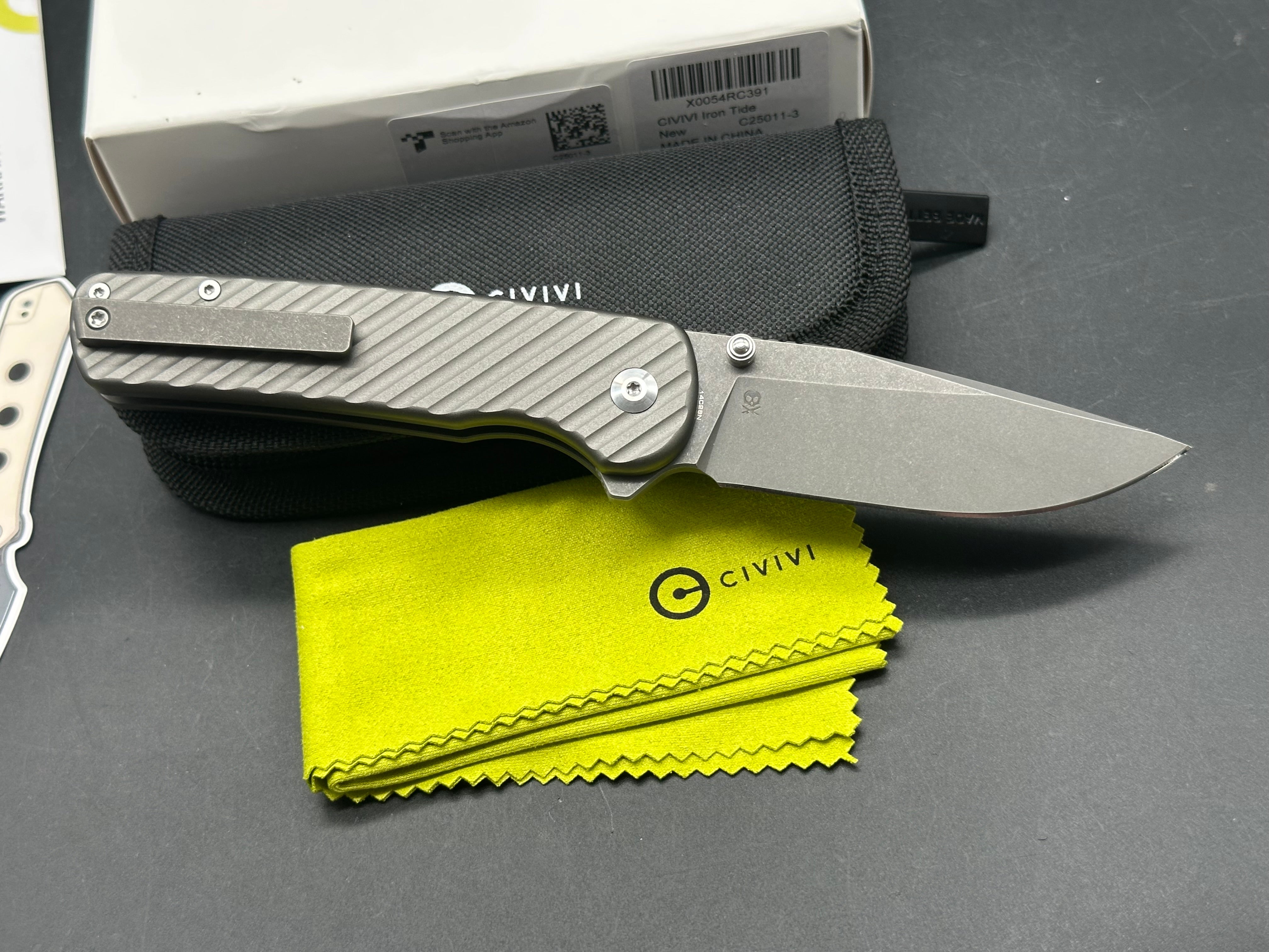 Civivi Iron Tide, 3.24" 14C28N Gray Stonewash Clip Point Blade with Gray Anodized Milled Aluminum Scales