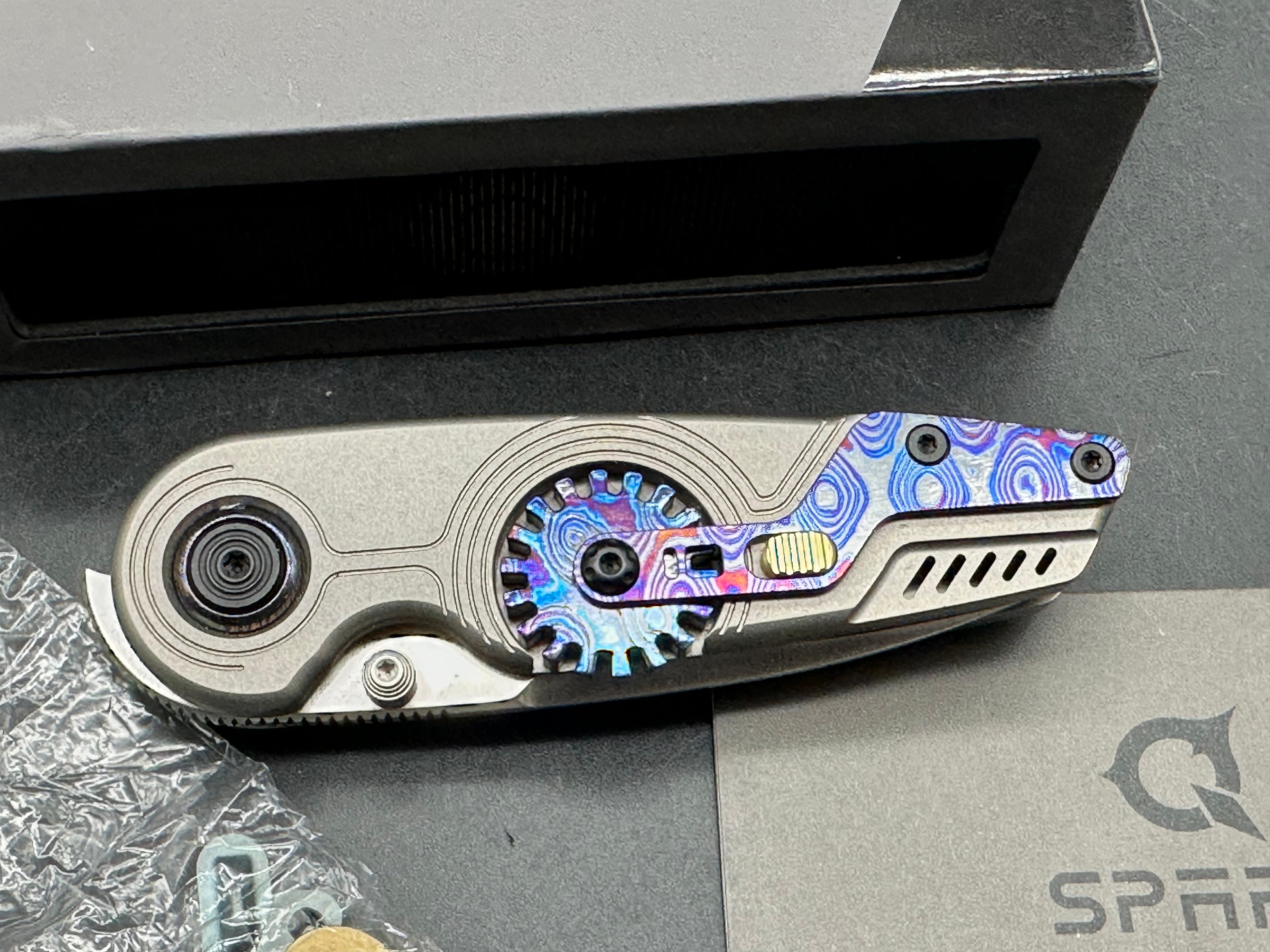 Spark EDC - Spin/Grey Milled Ti Frame, w/ Zircuti Showside Built-in Fidget Gear + Zircuti & Bronze Ano Accents/Drop Point/Satin M390