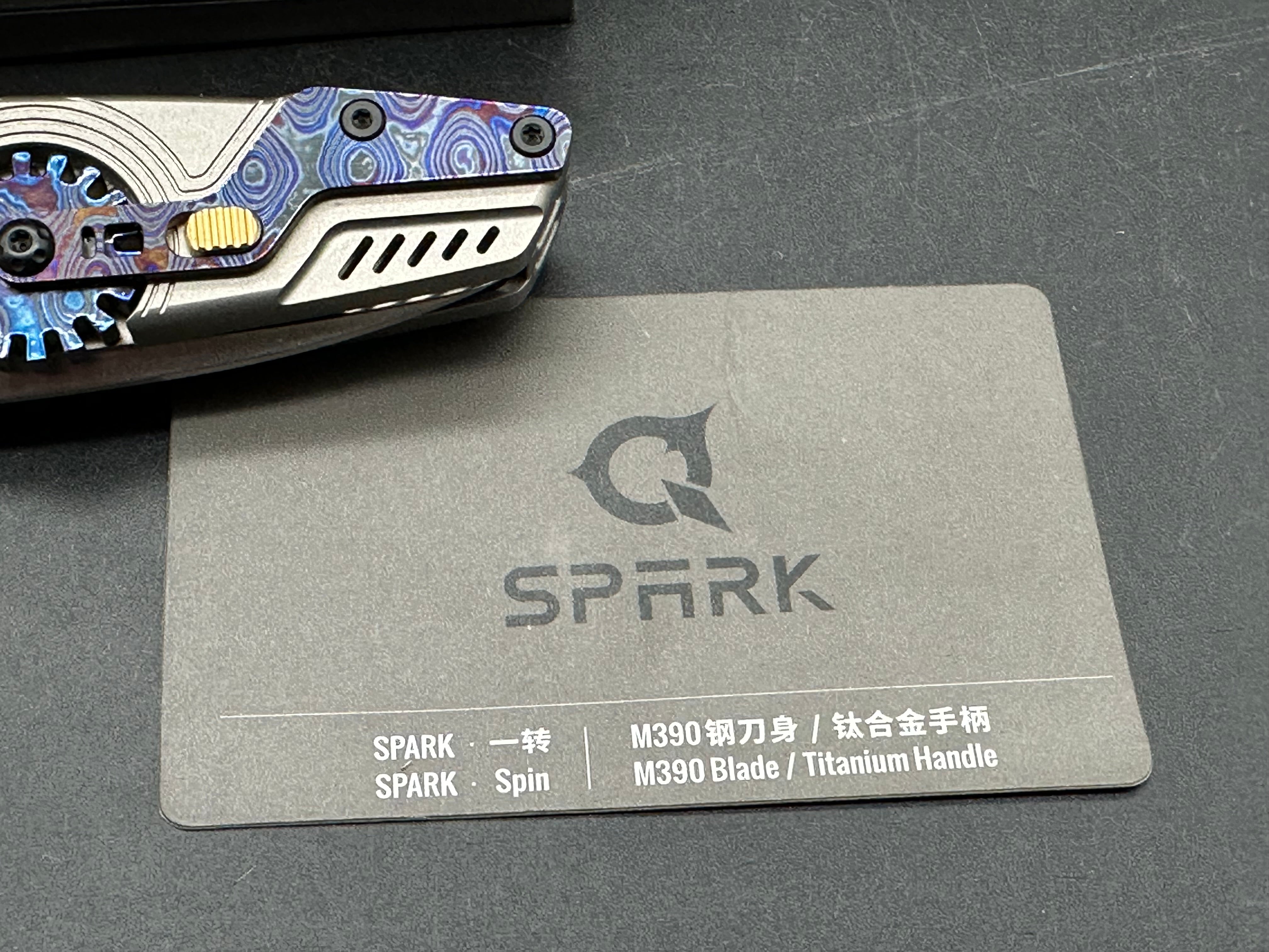 Spark EDC - Spin/Grey Milled Ti Frame, w/ Zircuti Showside Built-in Fidget Gear + Zircuti & Bronze Ano Accents/Drop Point/Satin M390