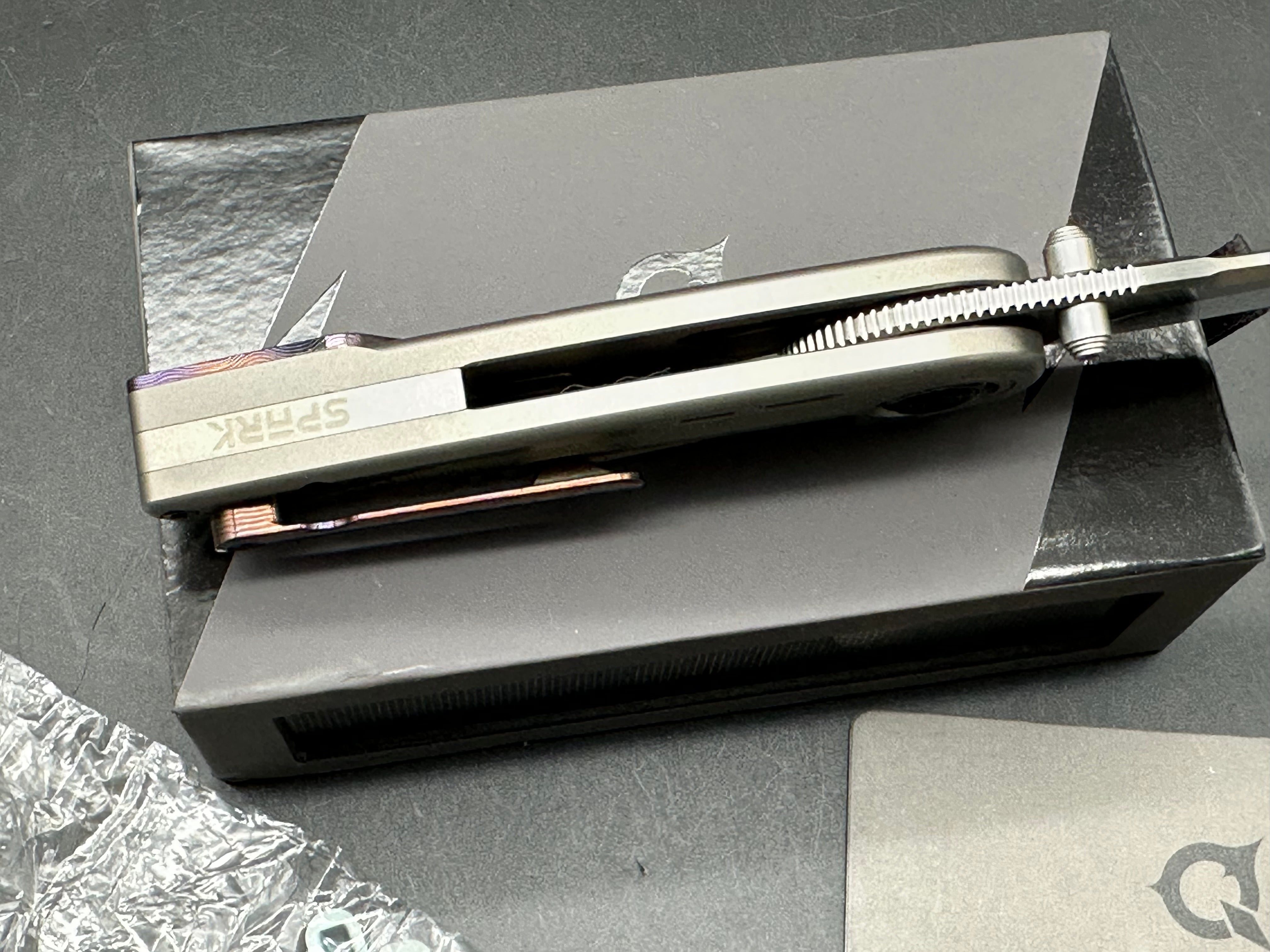 Spark EDC - Spin/Grey Milled Ti Frame, w/ Zircuti Showside Built-in Fidget Gear + Zircuti & Bronze Ano Accents/Drop Point/Satin M390