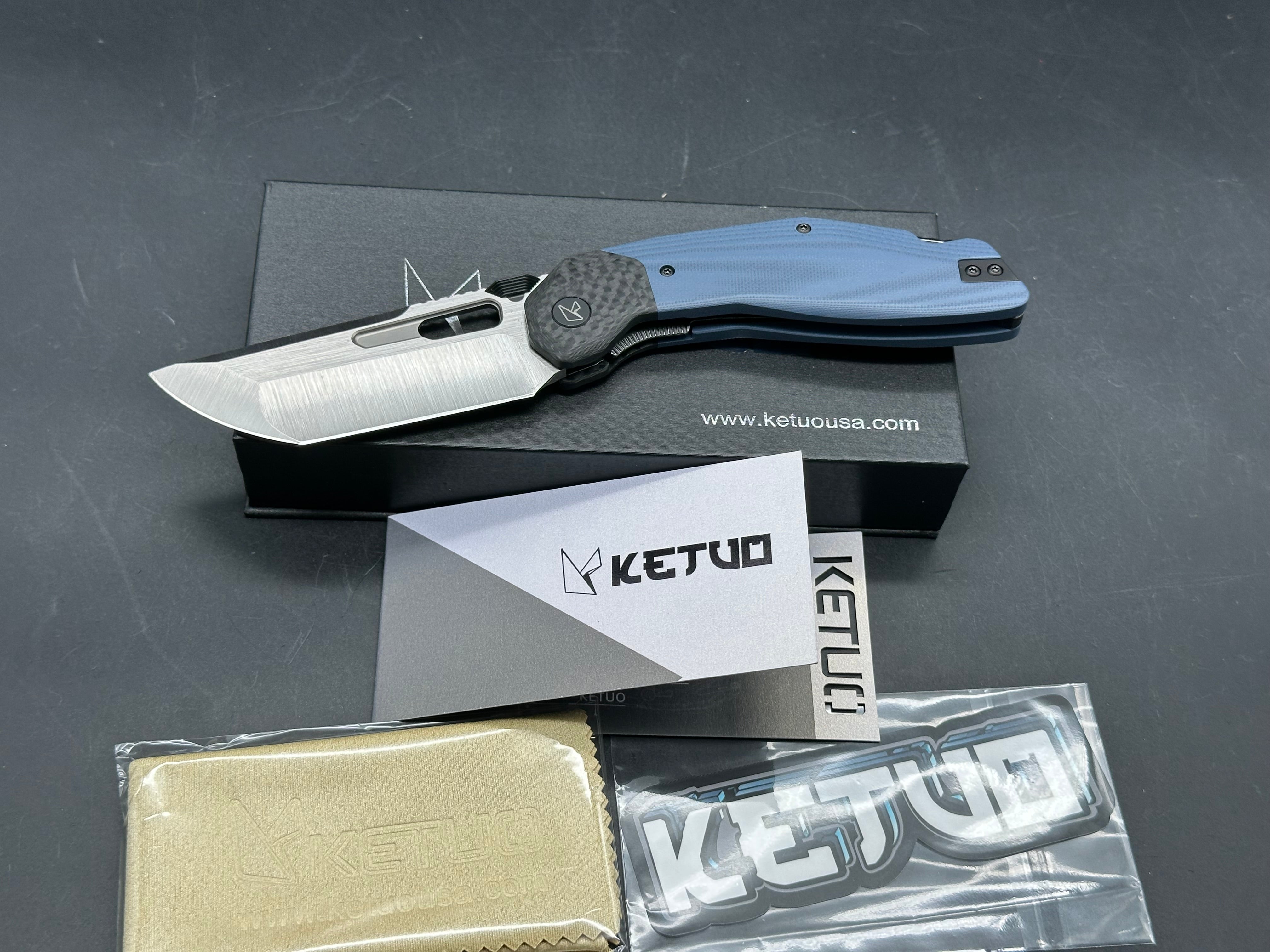 Ketuo Knife - Yakuza G10/Blue G10 Scales w/Steel Liners & Carbon Fiber Bolster/Tanto/Hand Rubbed 14C28N