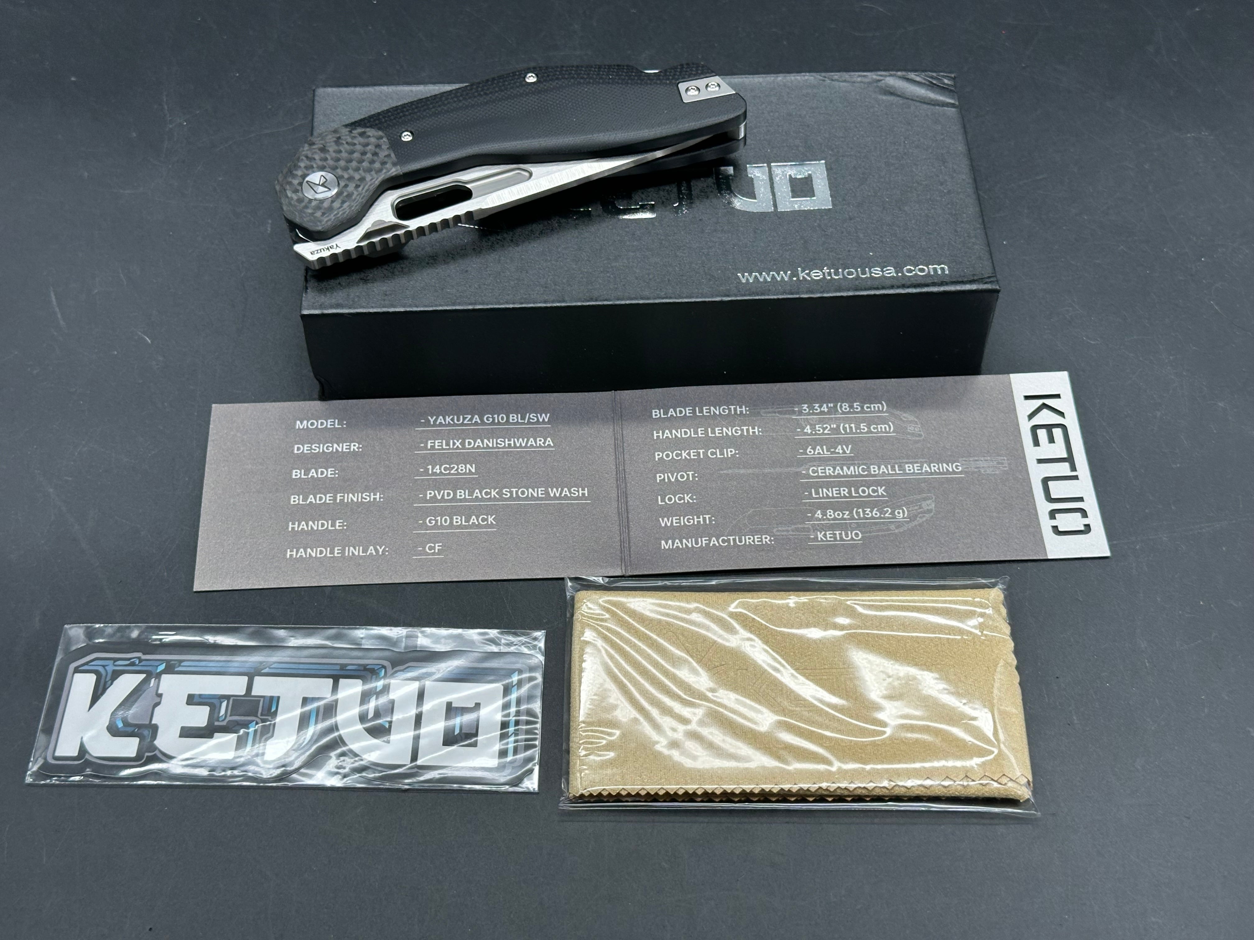 Ketuo Knife - Yakuza G10/Black G10 Scales w/Steel Liners & Carbon Fiber Bolster/Tanto/Hand Rubbed 14C28N