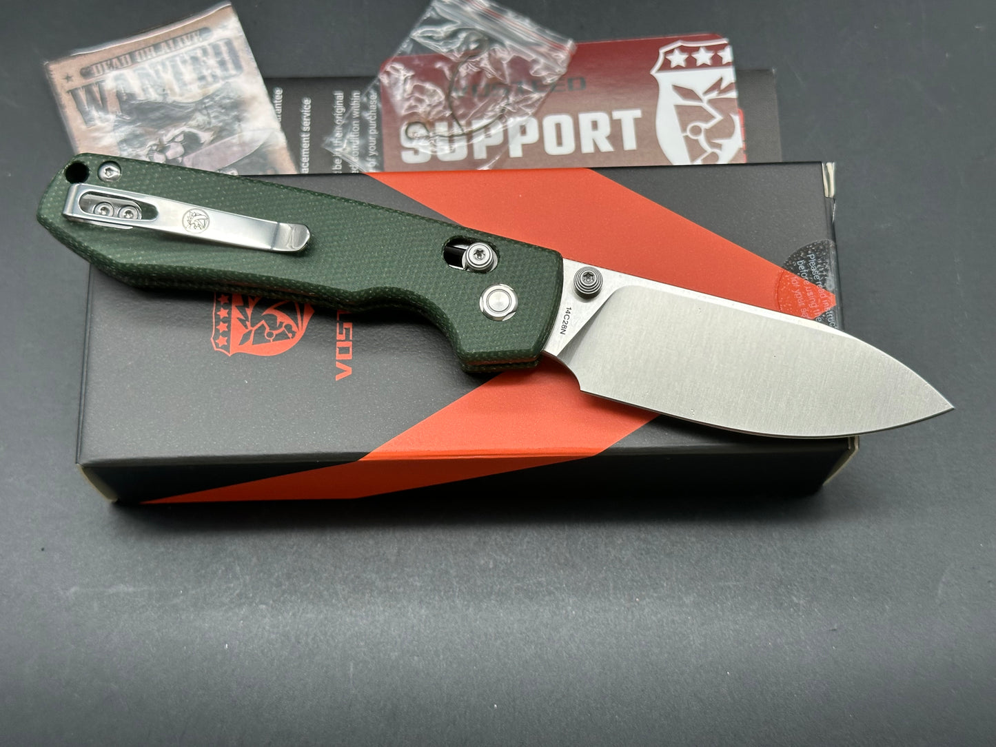 Vosteed Raccoon Cross Bar, 3.25" 14C28N Satin Blade with Green Micarta Handle