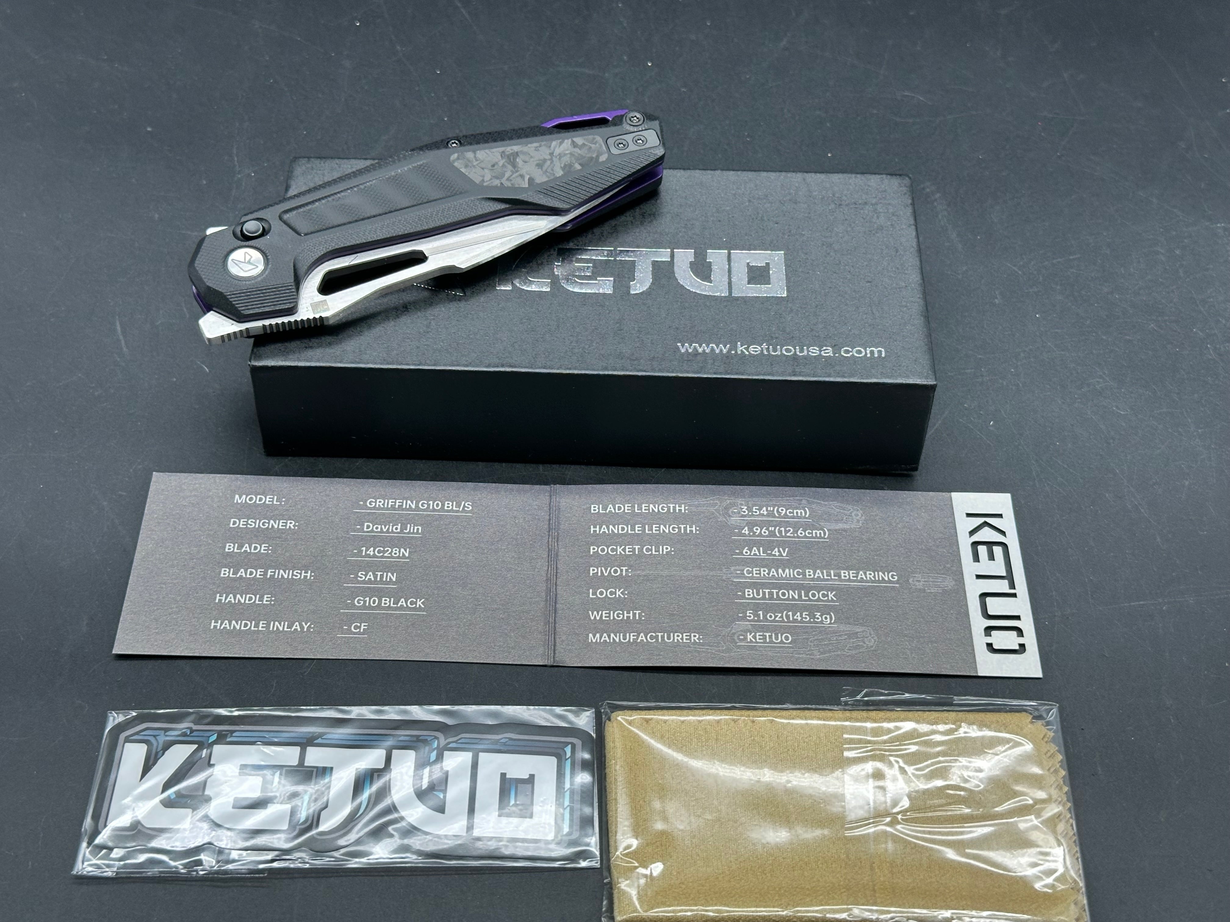 Ketuo Knife - Griffin G10/Black G-10 Scales + Shred Carbon Fiber Inlays w/Purple Backspacer & Liners/Harpoon/Hand Rubbed 14C28N