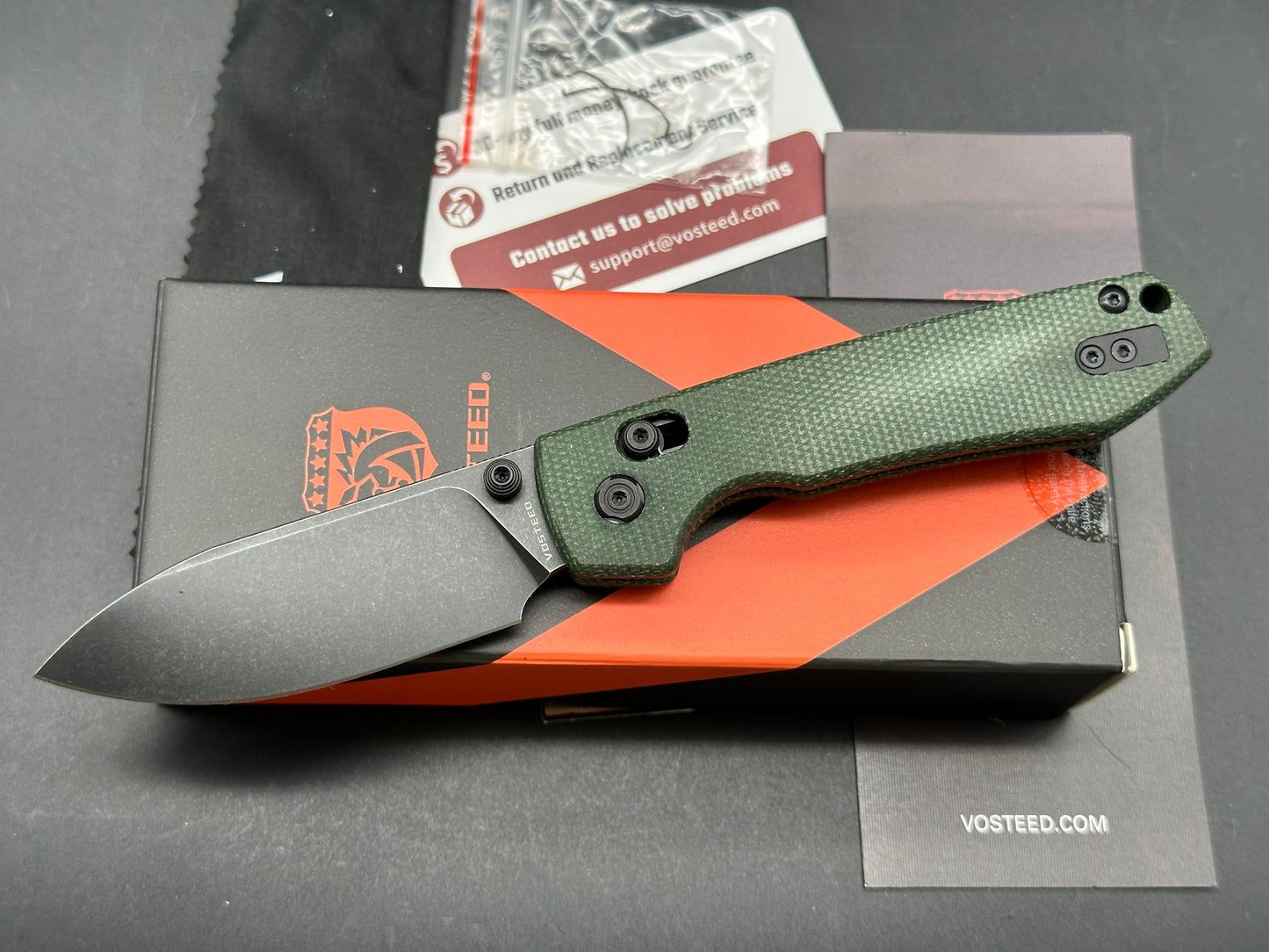 Vosteed Raccoon Cross Bar, 3.25" 14C28N Black Stonewash Blade with Green Micarta Handle