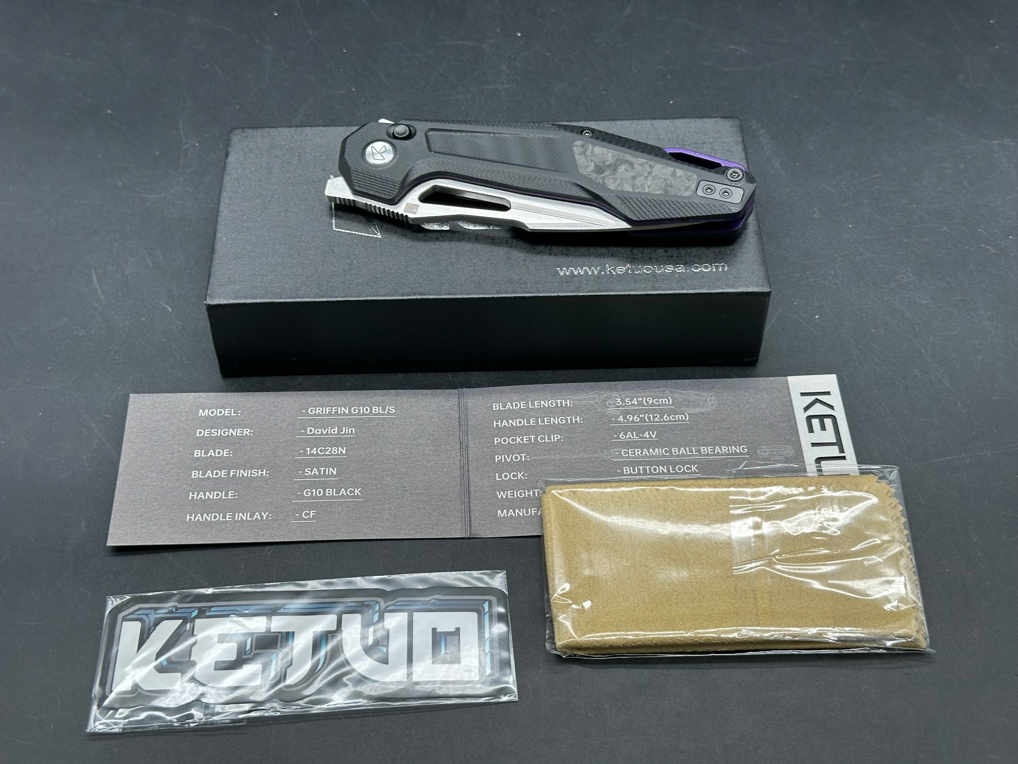 Ketuo Knife - Griffin G10/Black G-10 Scales + Shred Carbon Fiber Inlays w/Purple Backspacer & Liners/Harpoon/Hand Rubbed 14C28N