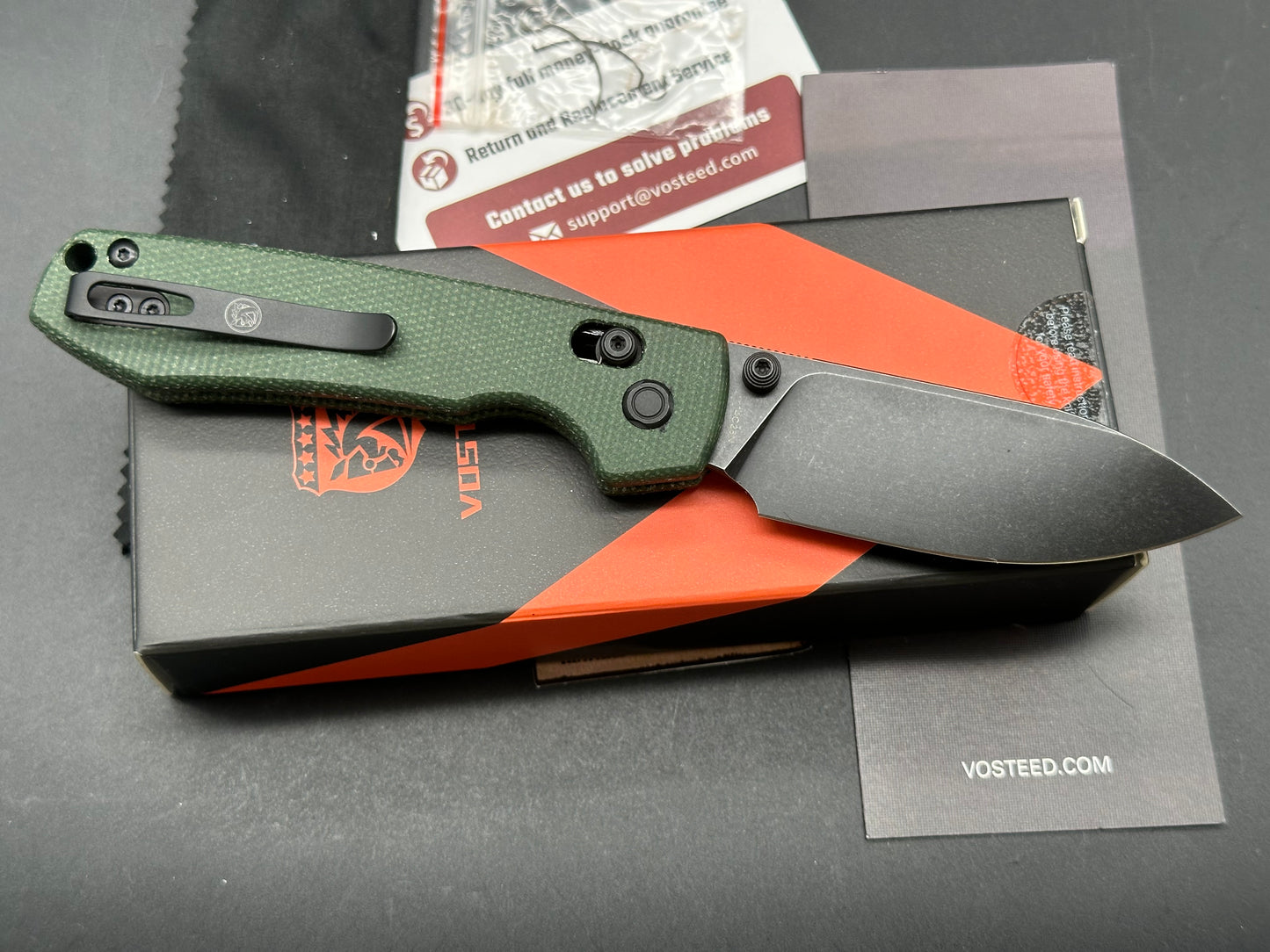 Vosteed Raccoon Cross Bar, 3.25" 14C28N Black Stonewash Blade with Green Micarta Handle