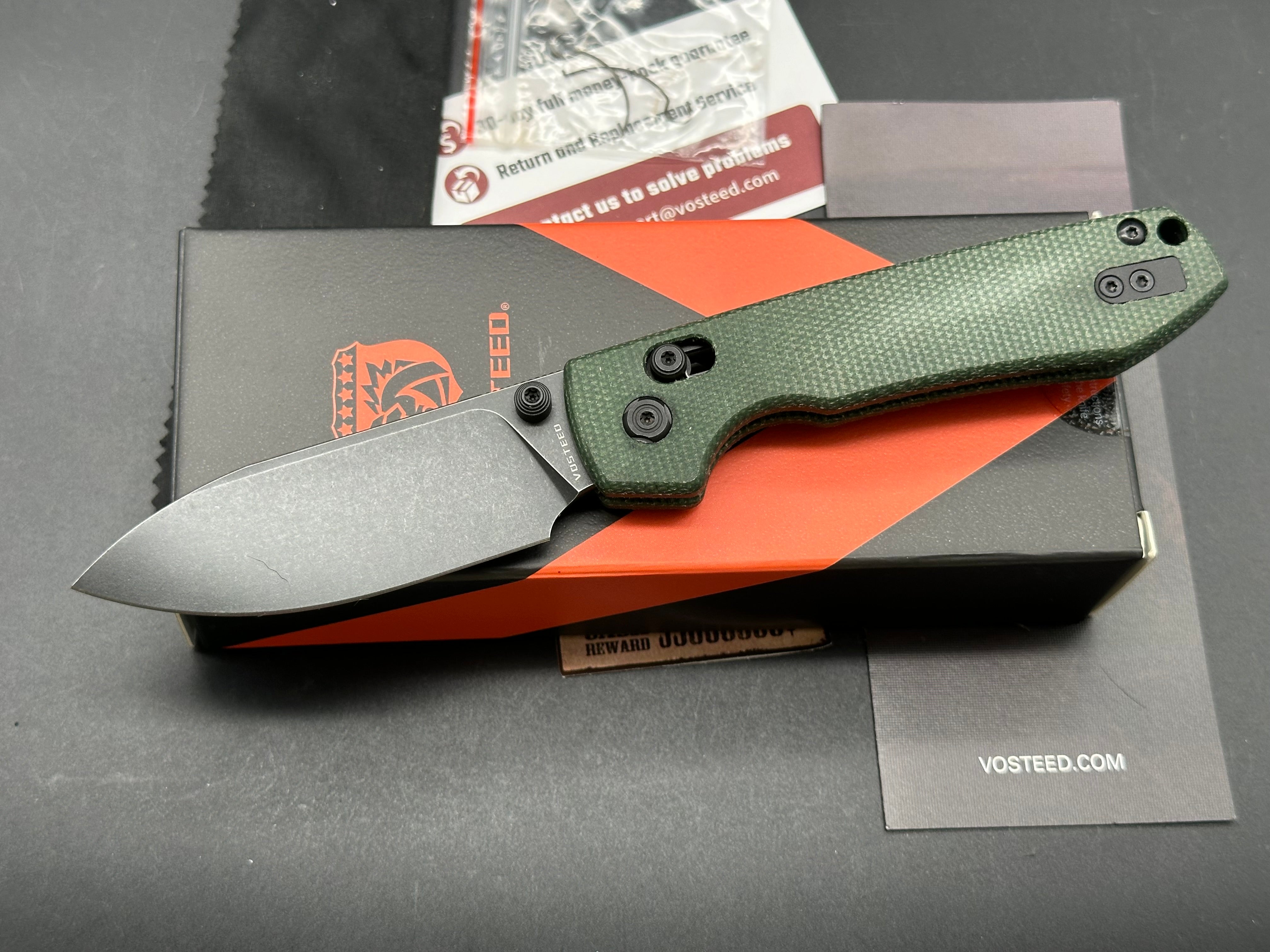 Vosteed Raccoon Cross Bar, 3.25" 14C28N Black Stonewash Blade with Green Micarta Handle