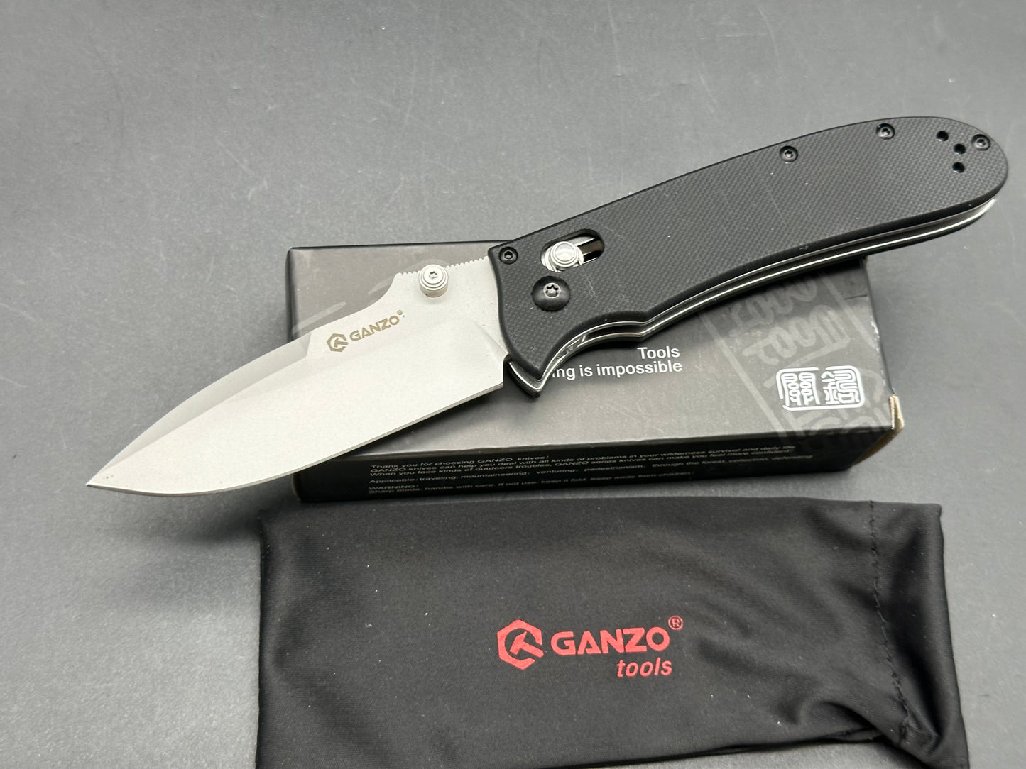 Ganzo G704-BK, 3.35” 440C Satin Drop Point Blade, Black G10 Handle