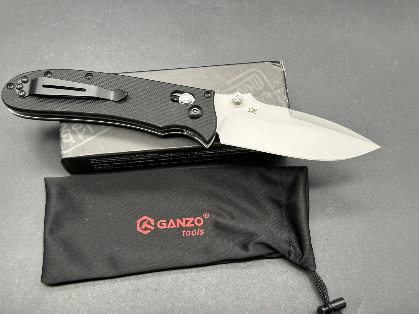 Ganzo G704-BK, 3.35” 440C Satin Drop Point Blade, Black G10 Handle