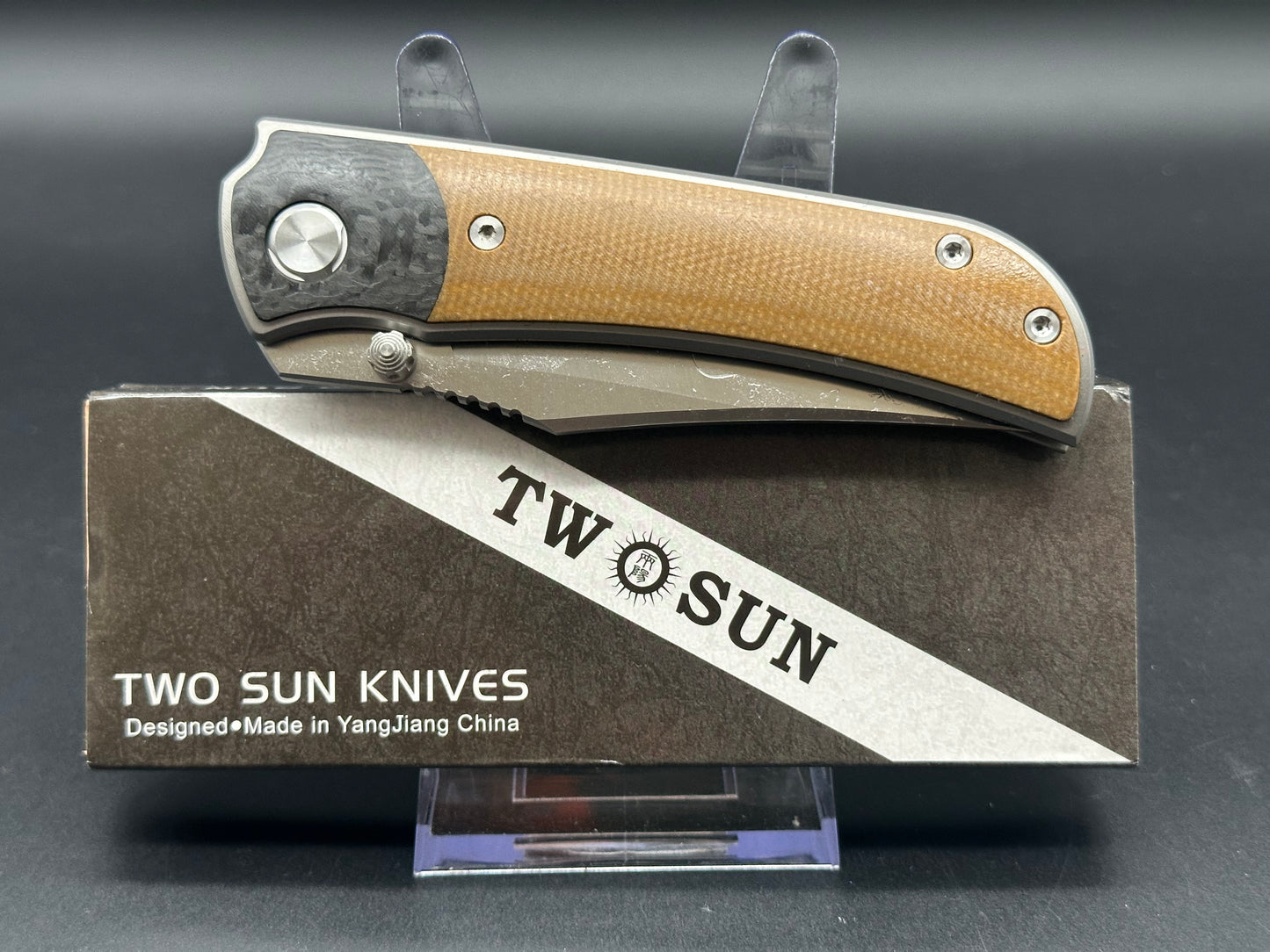 TWOSUN BROWN LINEN MICARTA/CARBON FIBER TITANIUM HANDLE D2 PLAIN EDGE TS301-D2