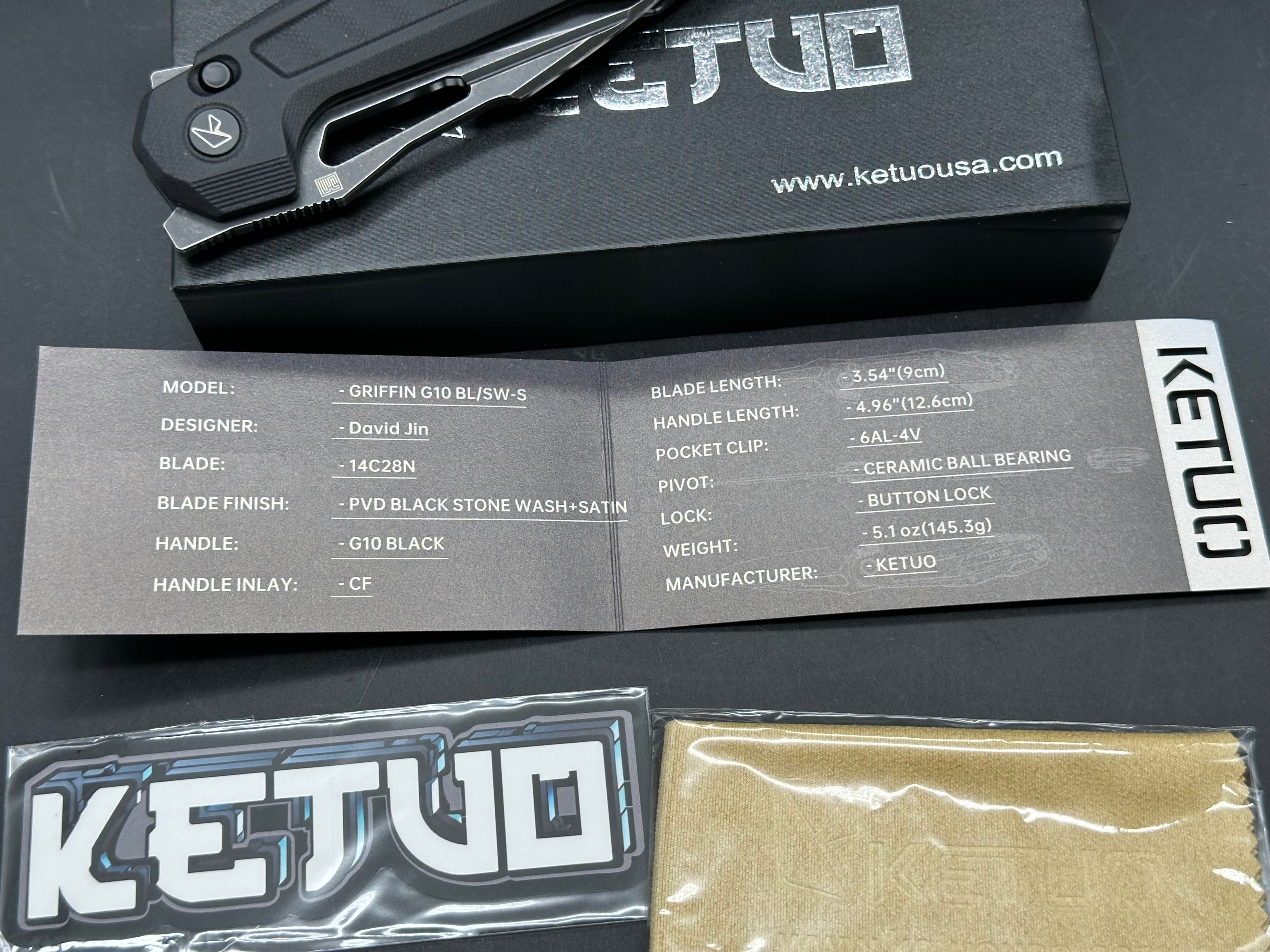 Ketuo Knife - Griffin G10/Black G-10 Scales + Shred Carbon Fiber Inlays w/Black Backspacer & Liners/Harpoon/Blackwash 14C28N