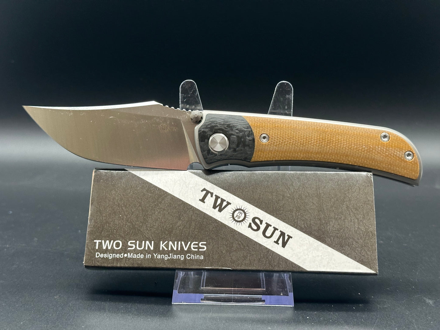 TWOSUN BROWN LINEN MICARTA/CARBON FIBER TITANIUM HANDLE D2 PLAIN EDGE TS301-D2