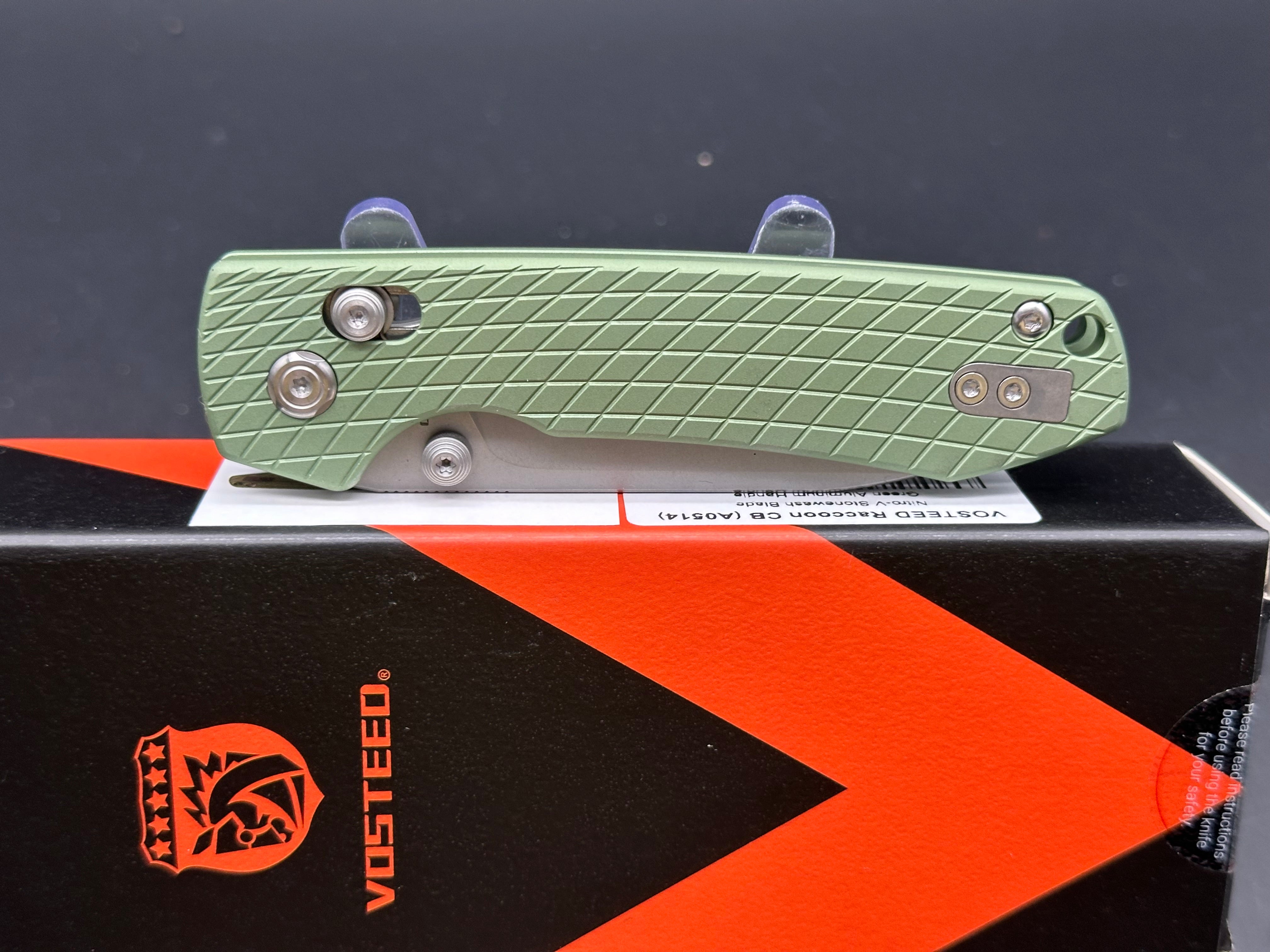 Vosteed Raccoon Cross Bar, 3.25" Nitro-V Stonewash Drop Point Blade with Green Aluminum Handle