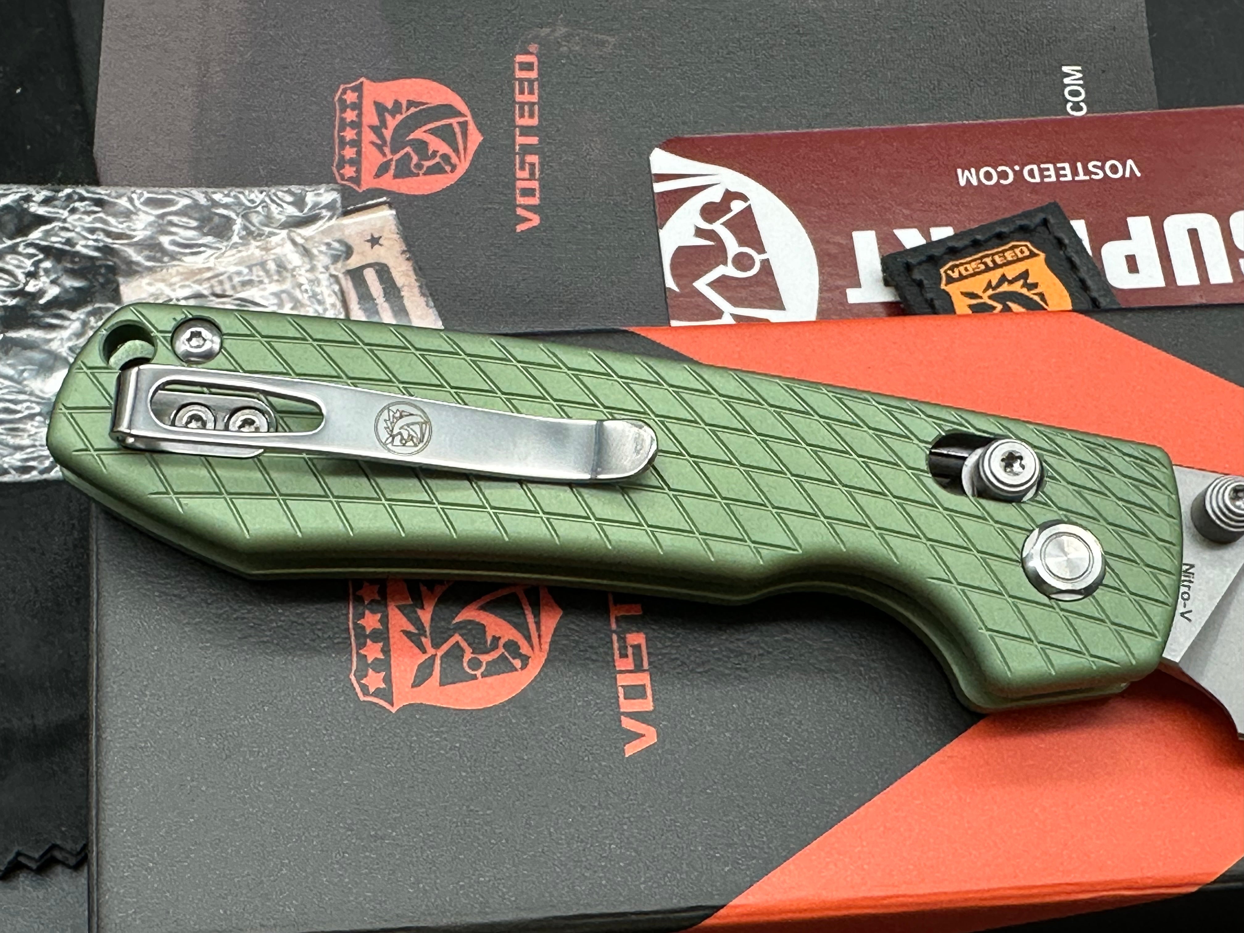 Vosteed Raccoon Cross Bar, 3.25" Nitro-V Stonewash Drop Point Blade with Green Aluminum Handle