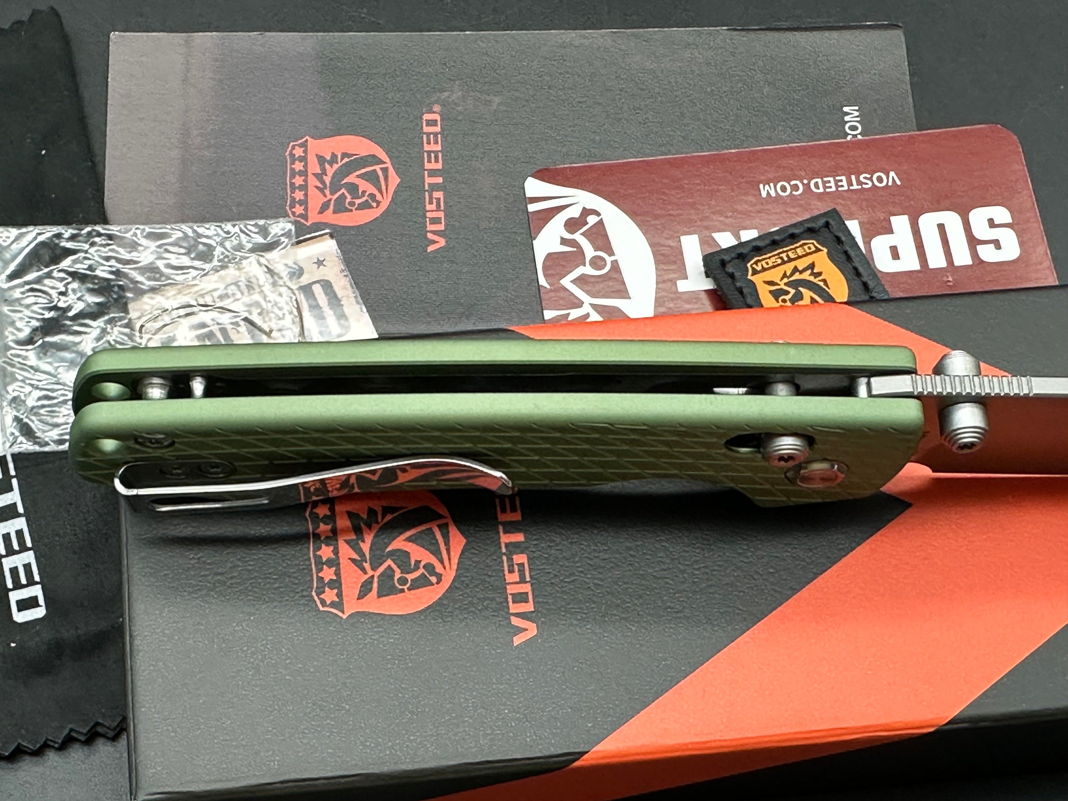 Vosteed Raccoon Cross Bar, 3.25" Nitro-V Stonewash Drop Point Blade with Green Aluminum Handle