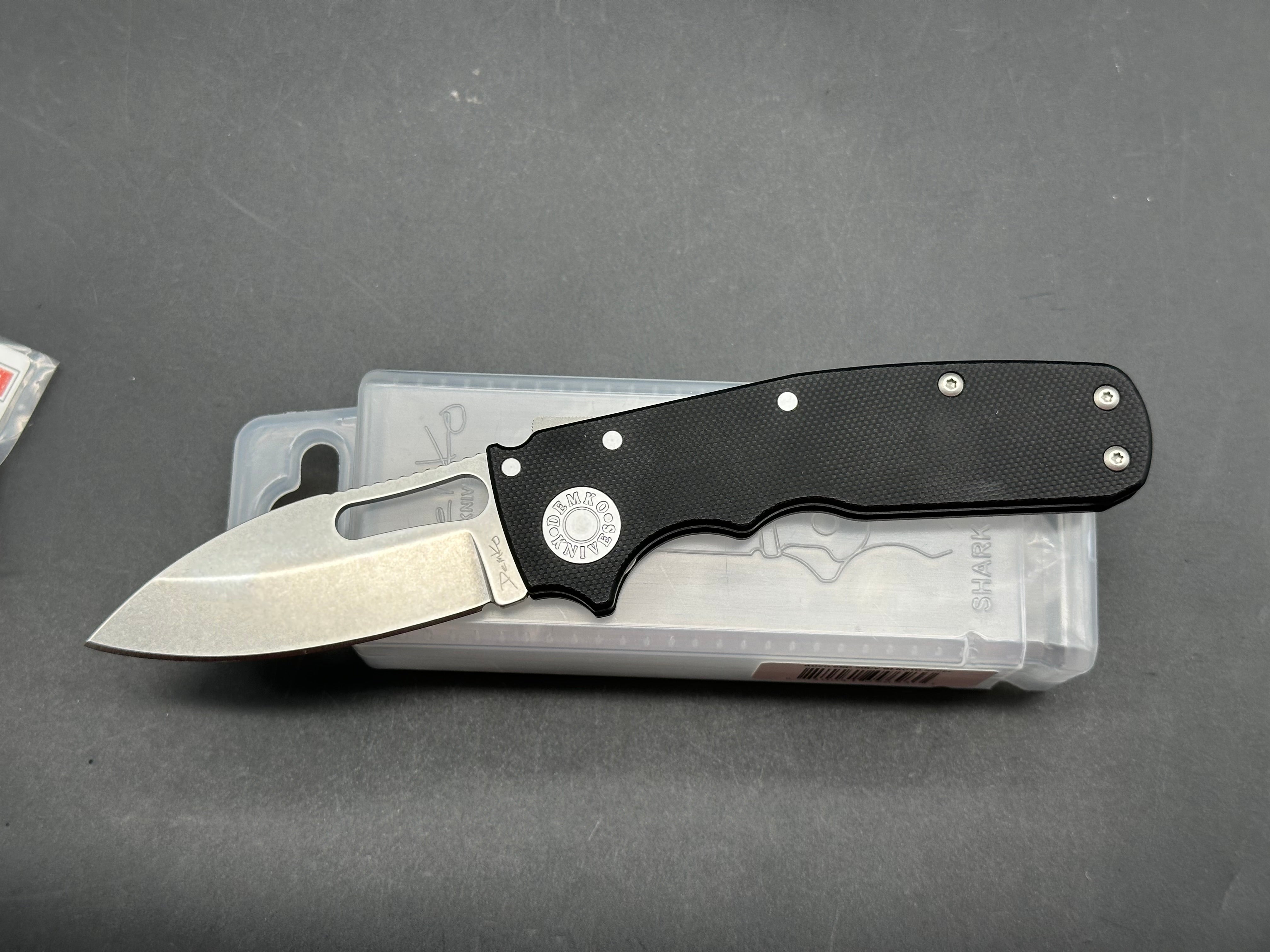 Demko Shark Cub Slicer, 2.75" CPM 20CV Stonewash Blade with Black G10 Scales plus Lynch NW Titanium Pocket Clip