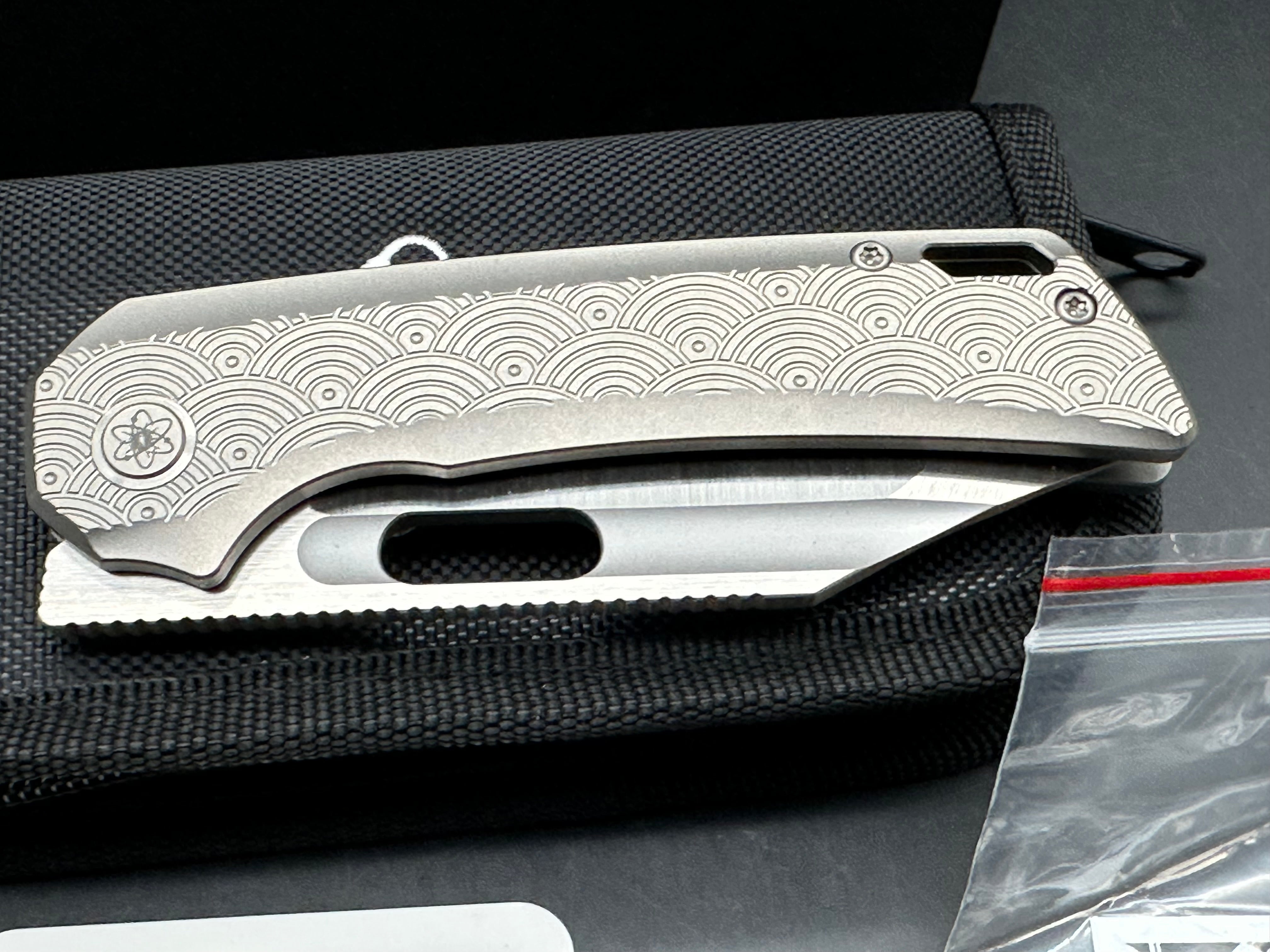 EMP EDC Relative #026 (Urban EDC Exclusive), Belt Satin Magnacut Blade, Blasted Ti Handles with Seigaiha Milling Pattern