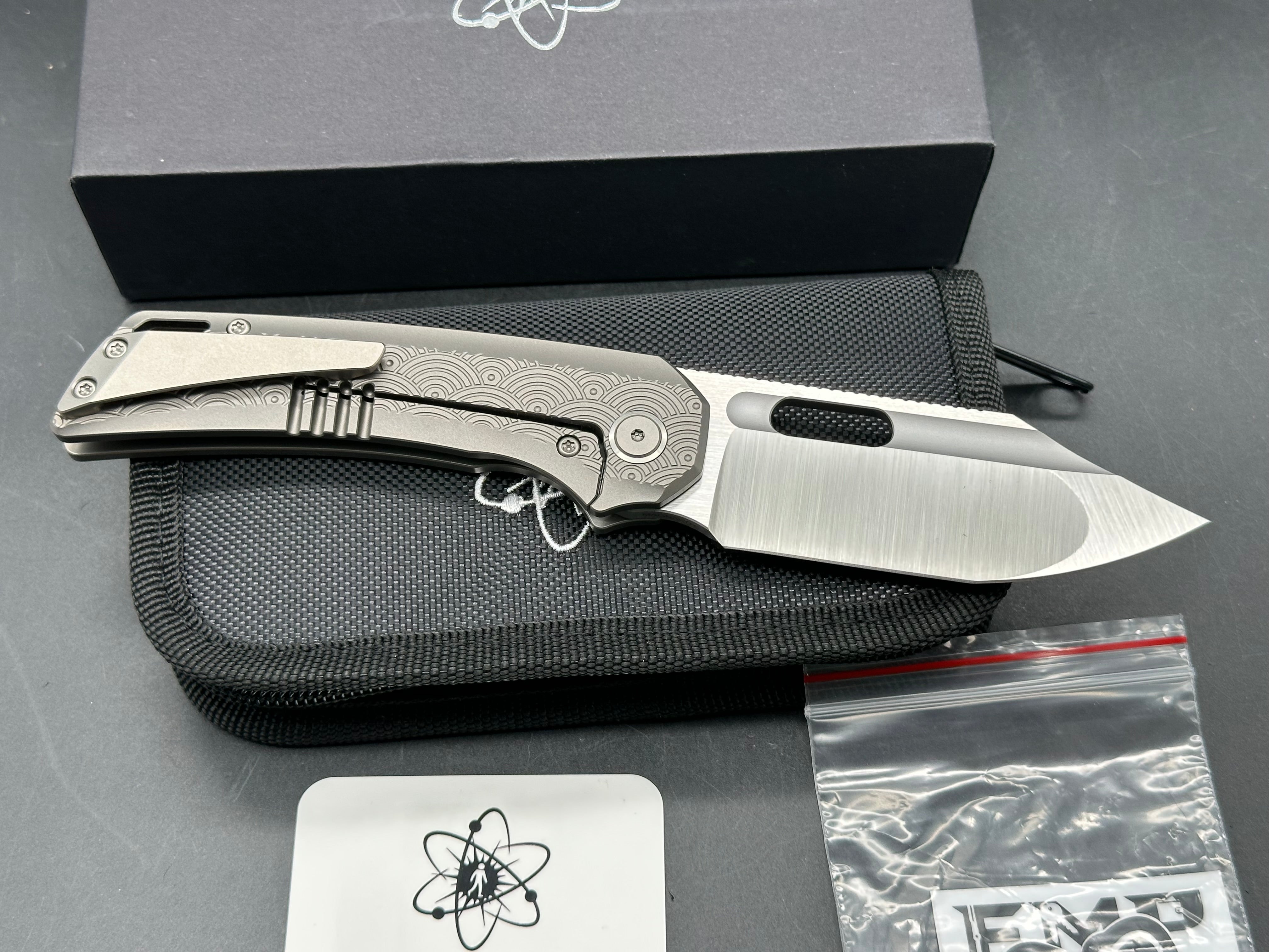 EMP EDC Relative #026 (Urban EDC Exclusive), Belt Satin Magnacut Blade, Blasted Ti Handles with Seigaiha Milling Pattern