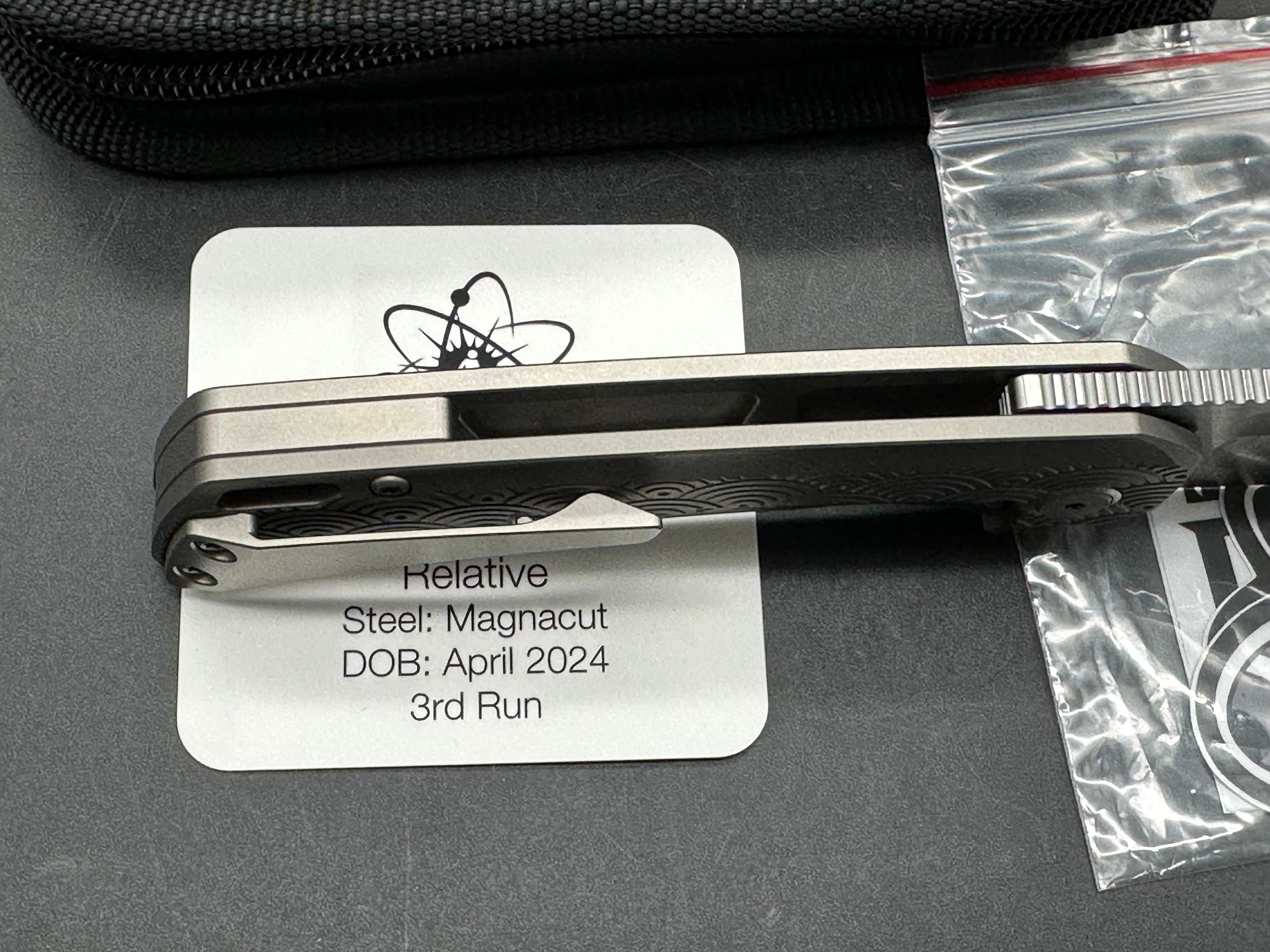 EMP EDC Relative #026 (Urban EDC Exclusive), Belt Satin Magnacut Blade, Blasted Ti Handles with Seigaiha Milling Pattern