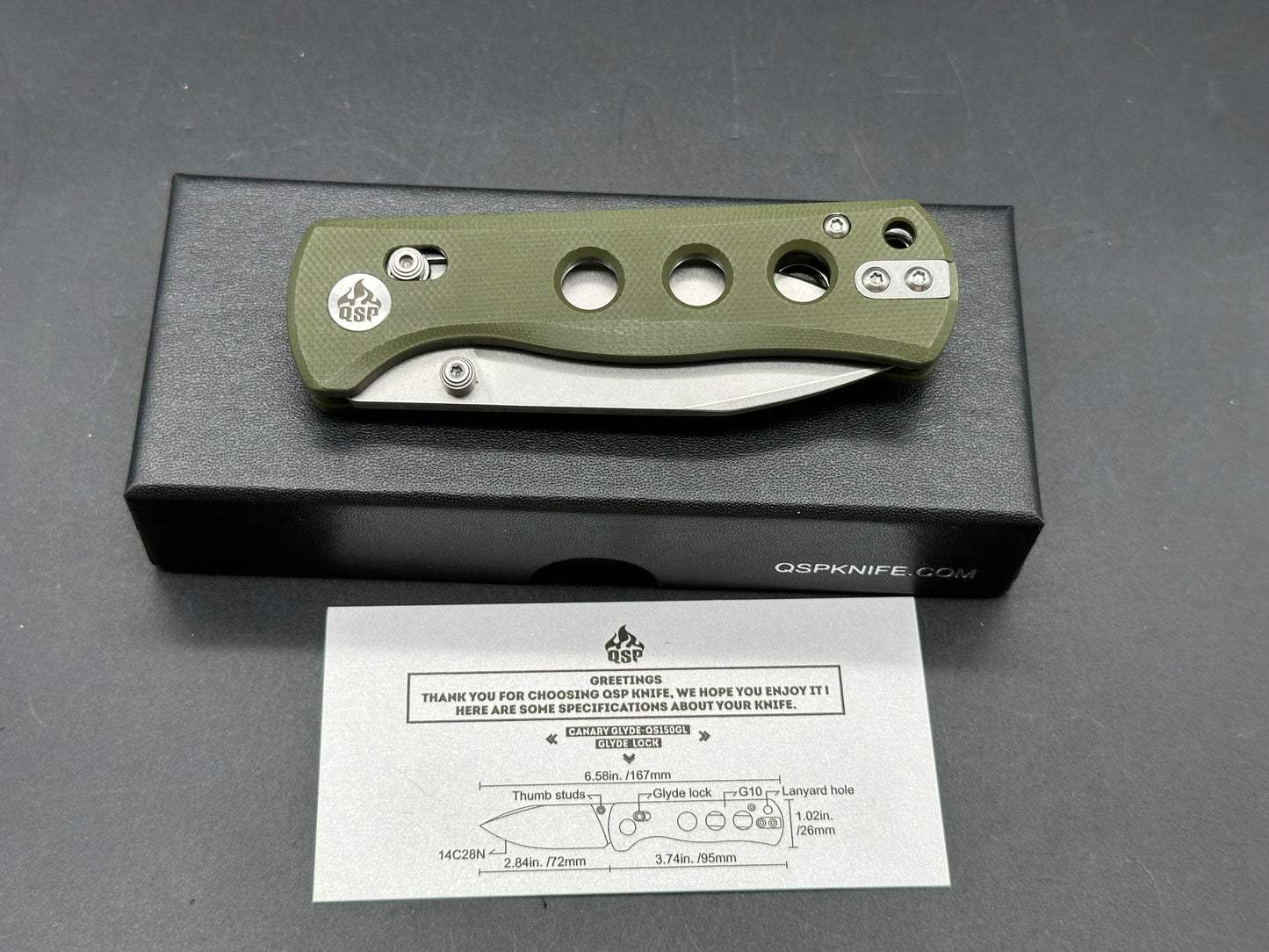 QSP Canary Folder Glyde Lock, 2.84" 14C28N Stonewash Drop Point Blade with OD Green G10 Handle