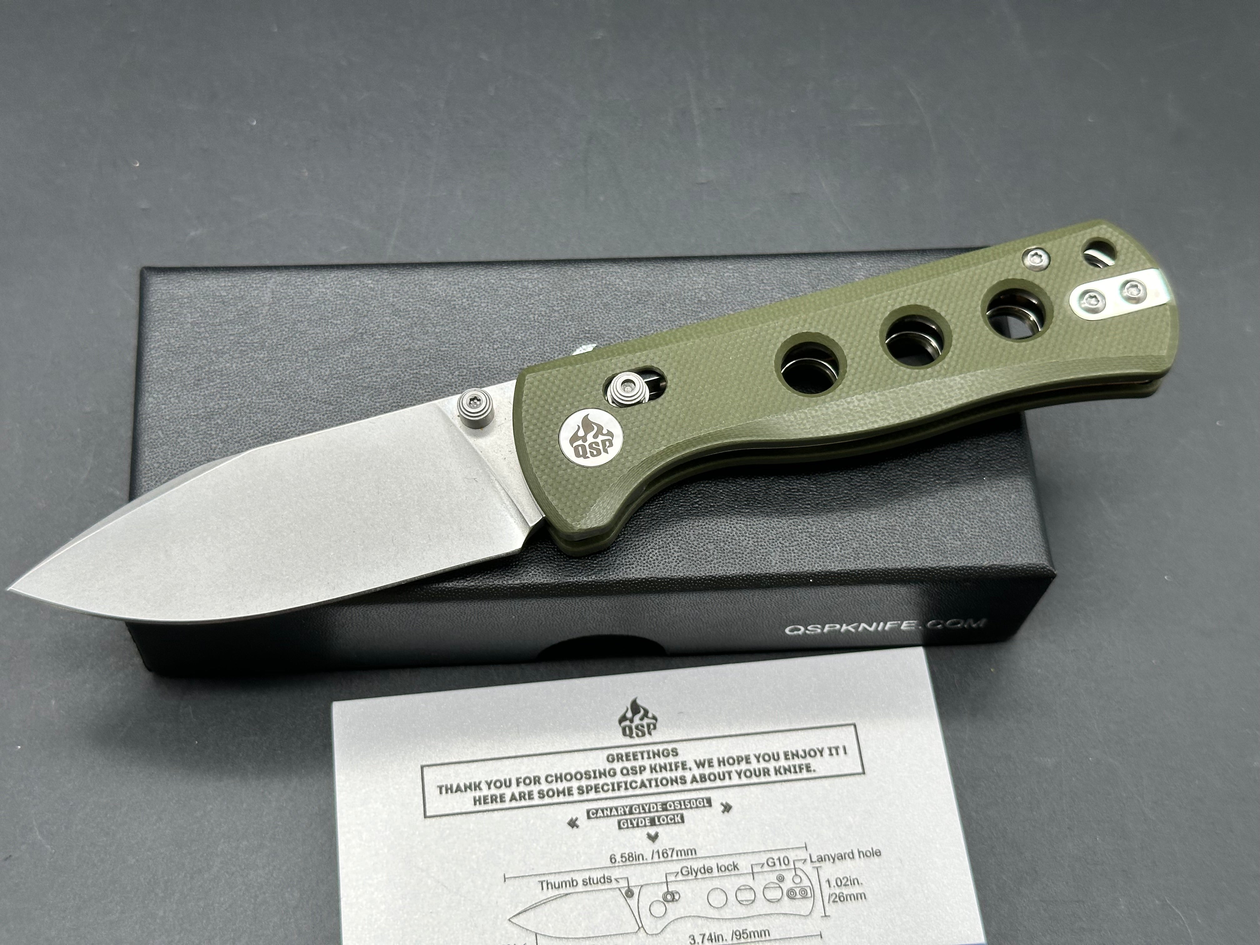 QSP Canary Folder Glyde Lock, 2.84" 14C28N Stonewash Drop Point Blade with OD Green G10 Handle