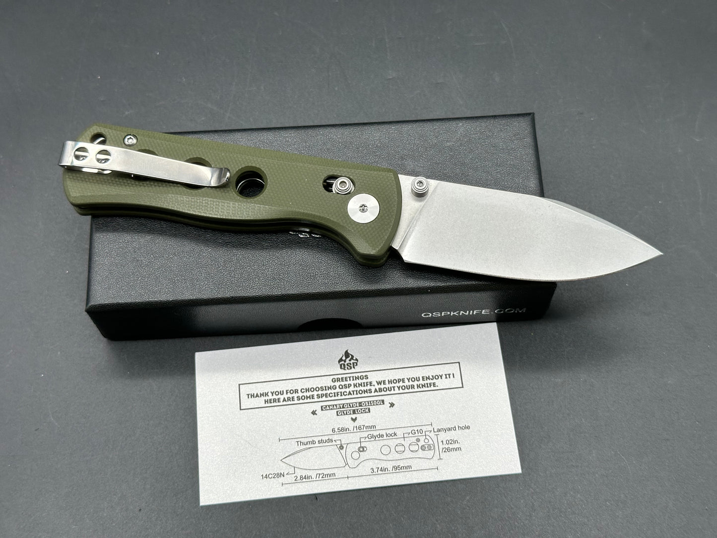 QSP Canary Folder Glyde Lock, 2.84" 14C28N Stonewash Drop Point Blade with OD Green G10 Handle