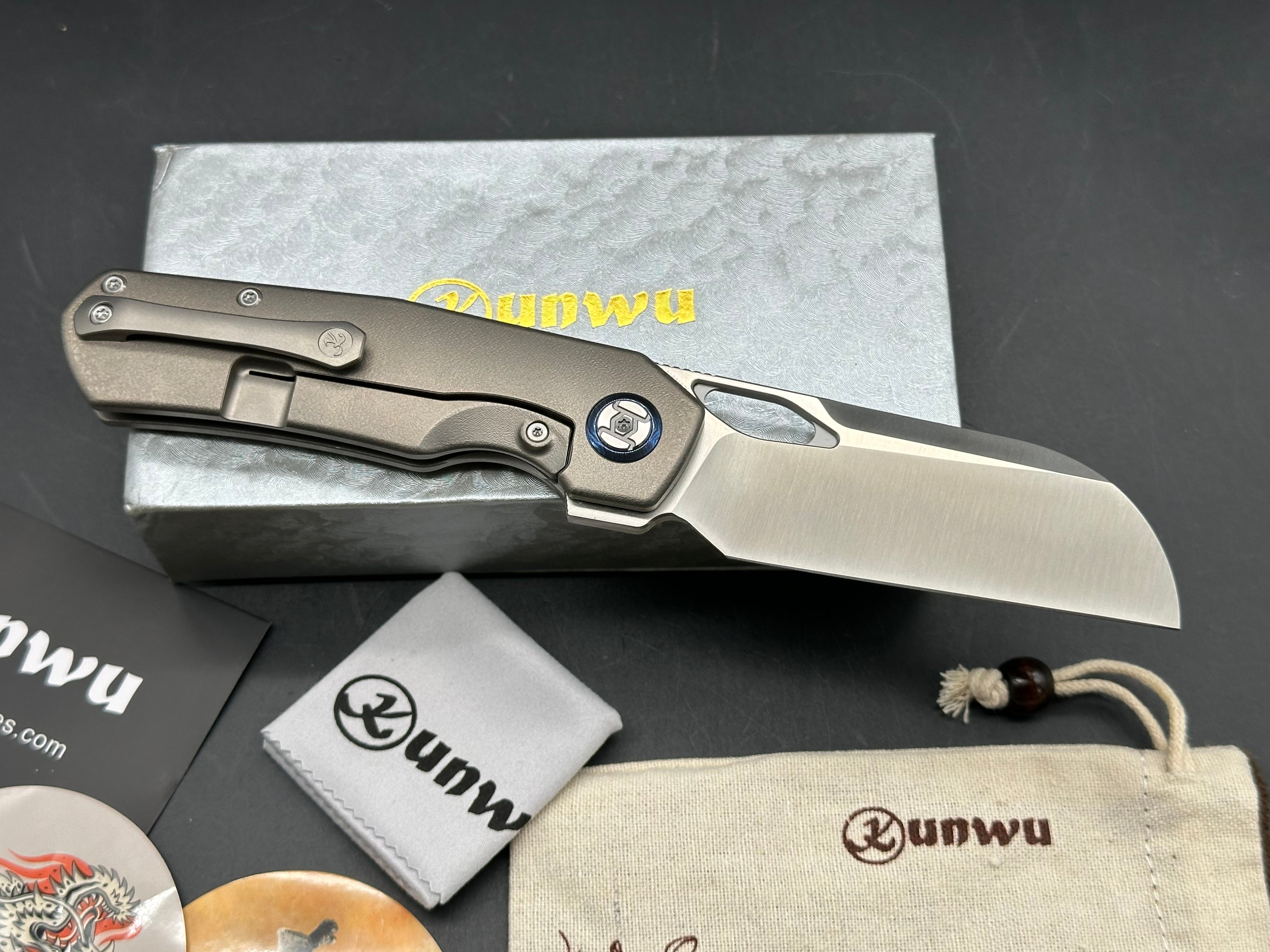 Kunwu S-Tao II (S703L-T2), Satin Vanax Blade, Contoured Ti Handles with Orange Peel Texture, Timascus Pivot Collars, Contoured Ti Pocket Clip