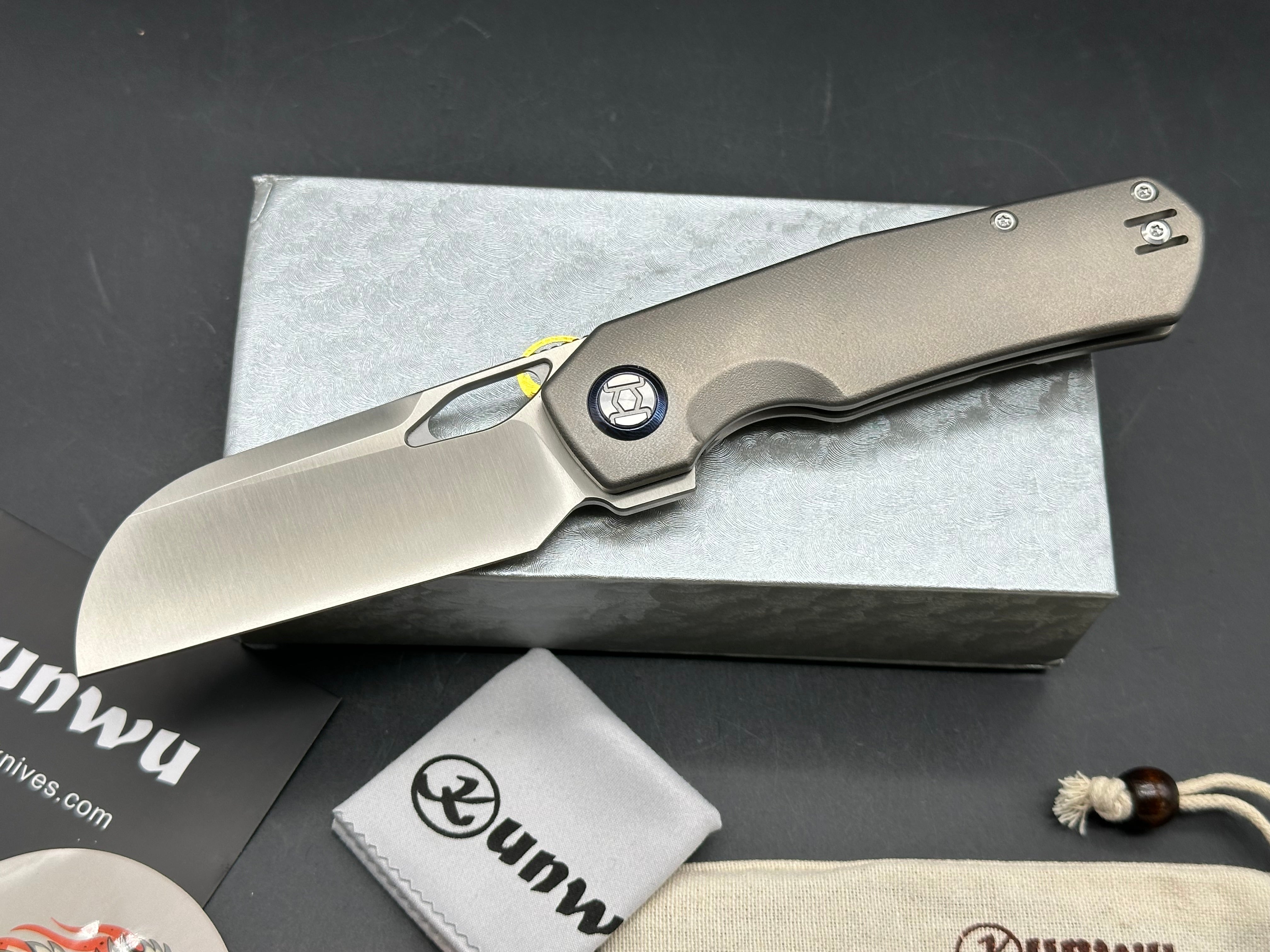Kunwu S-Tao II (S703L-T2), Satin Vanax Blade, Contoured Ti Handles with Orange Peel Texture, Timascus Pivot Collars, Contoured Ti Pocket Clip