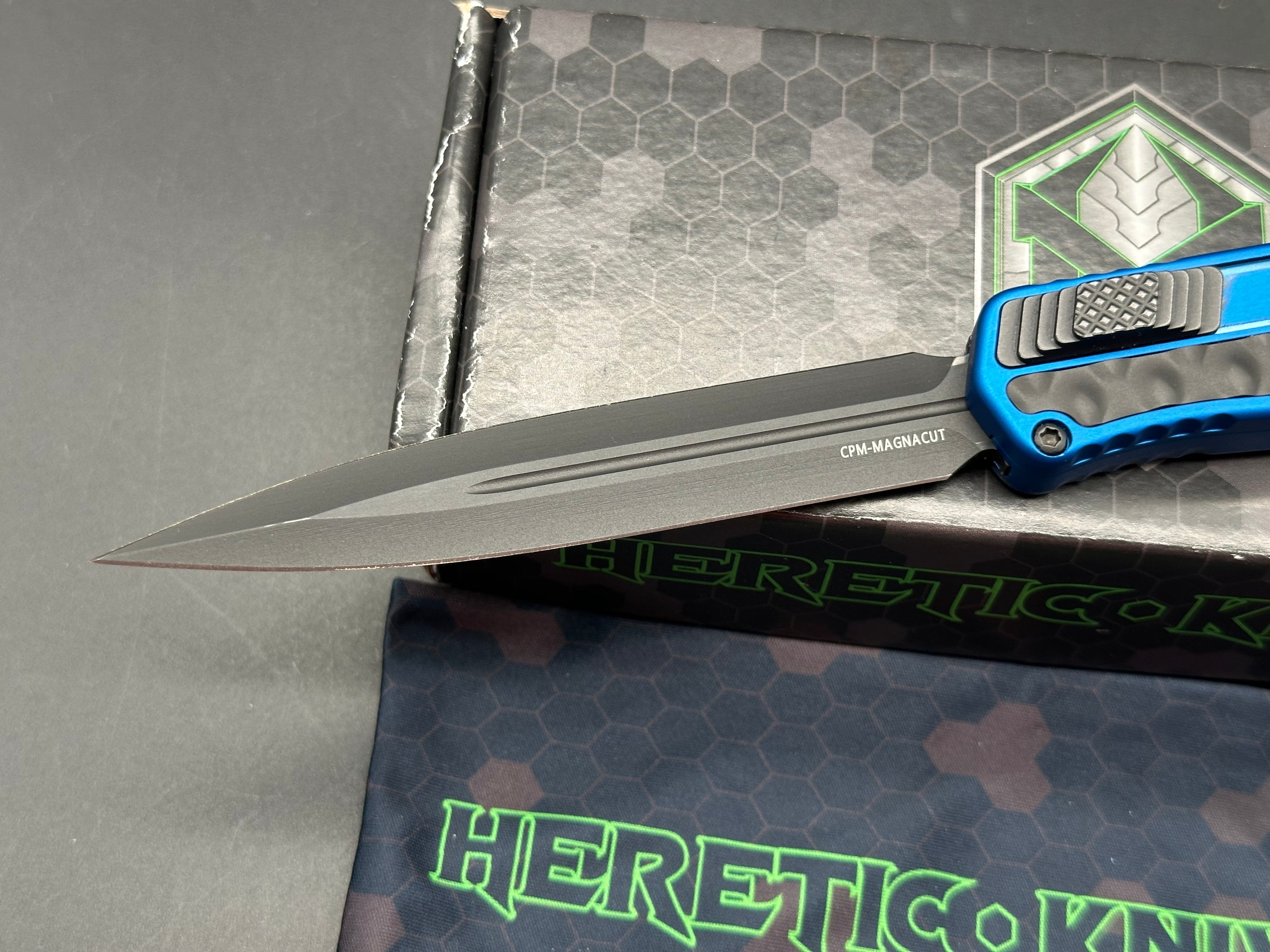 Heretic Knives Cleric 2 OTF blue aluminum handle w/stainless black bubble inlays and black magnacut blade