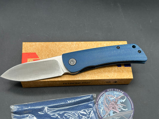 Petrified Fish PFE05 Flavorist  3.15 K110 Satin Blade Blue Micarta Handle Front Flipper