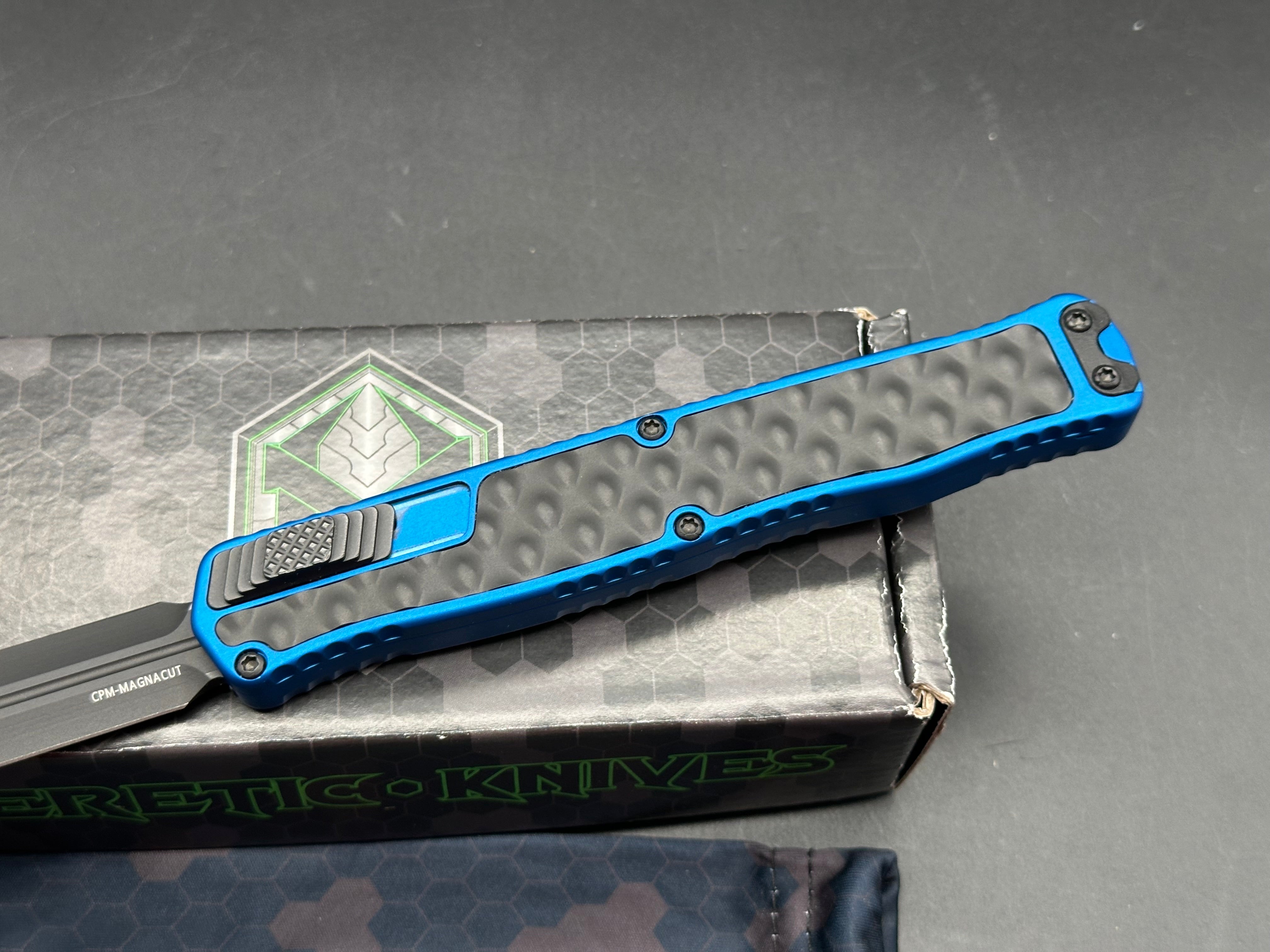 Heretic Knives Cleric 2 OTF blue aluminum handle w/stainless black bubble inlays and black magnacut blade