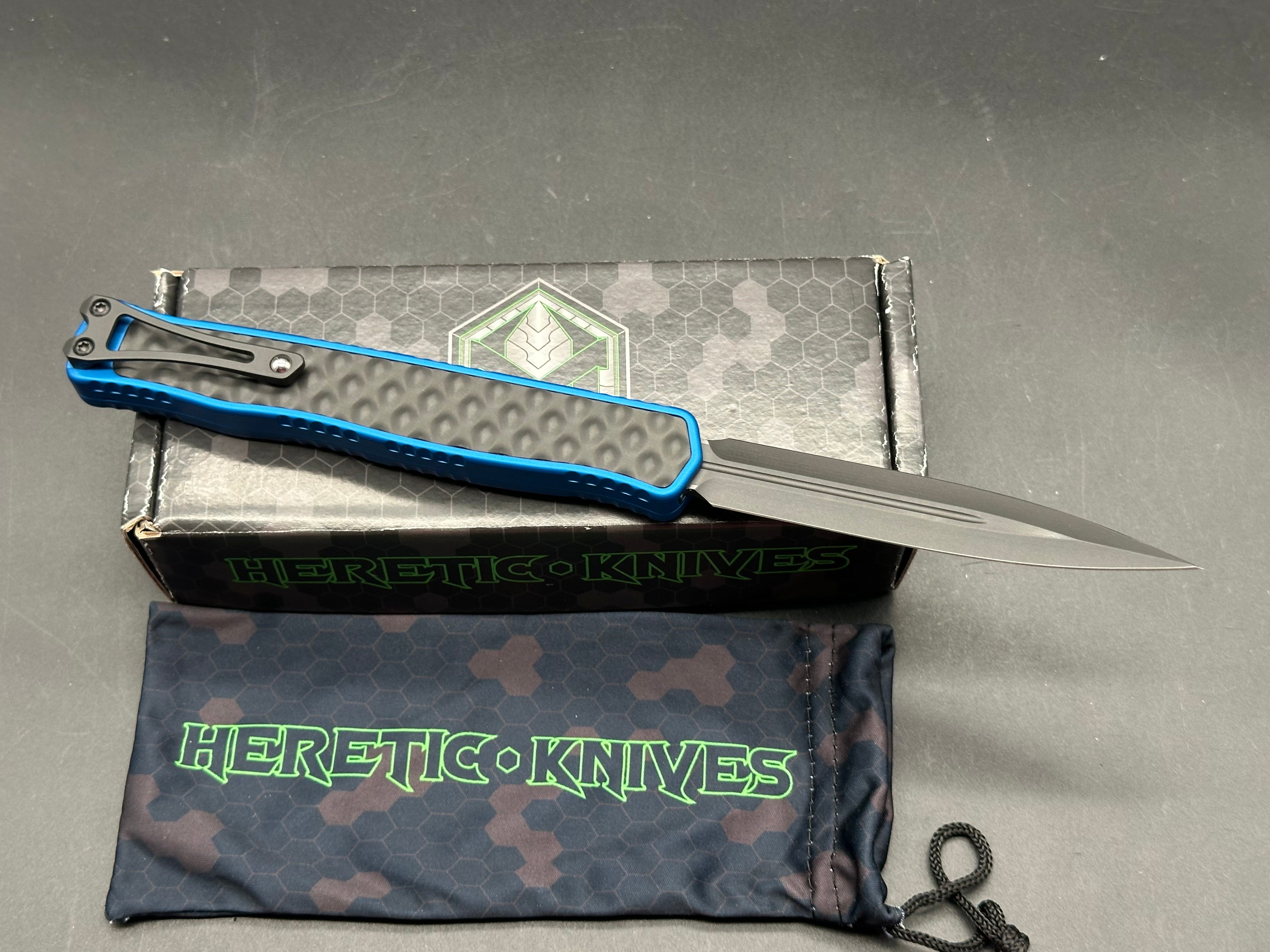 Heretic Knives Cleric 2 OTF blue aluminum handle w/stainless black bubble inlays and black magnacut blade