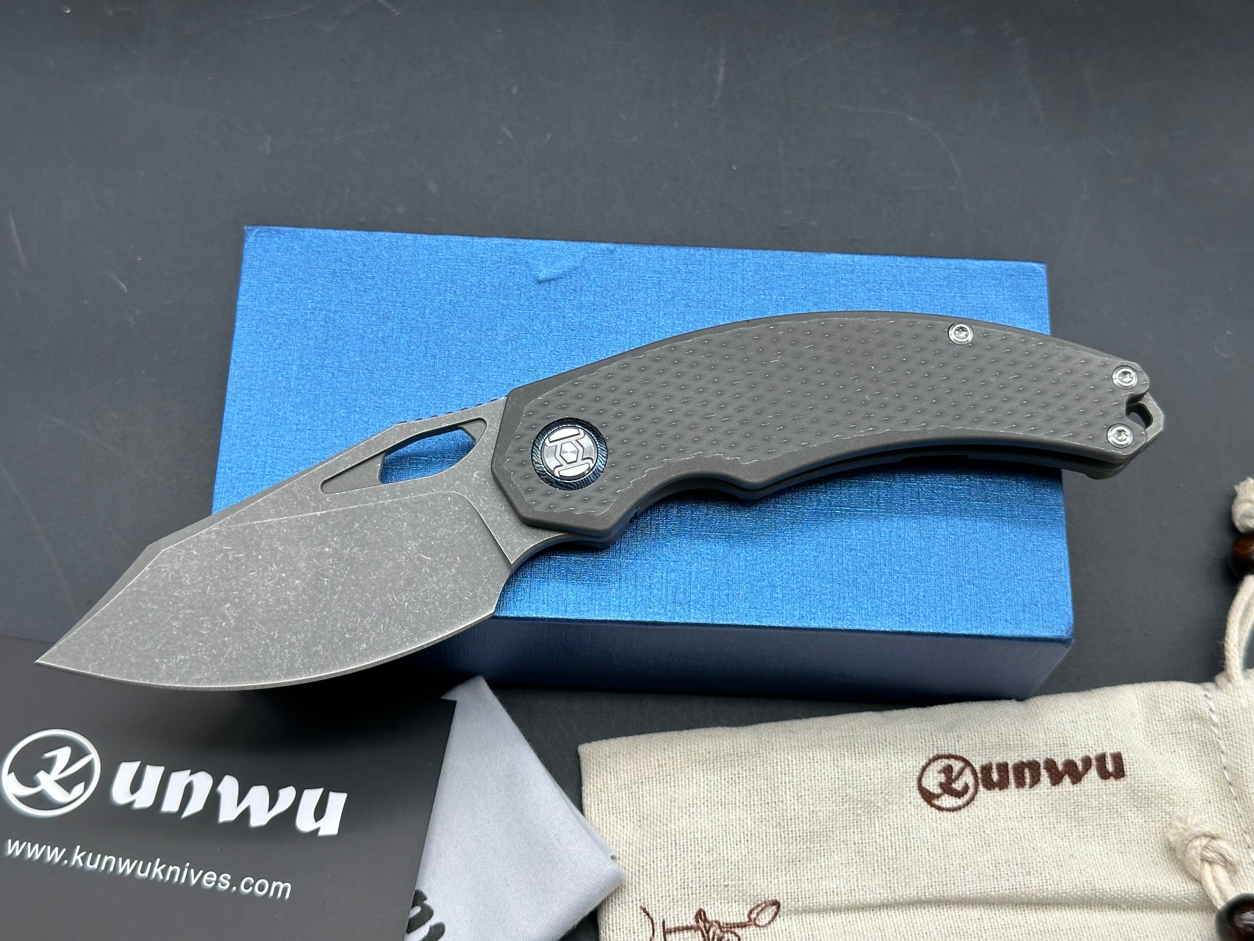 Kunwu Padre (K706T-1), Stonewashed Vanax Blade, Stonewashed Ti Handles with Diamond Texture, Timascus Pivot Collars