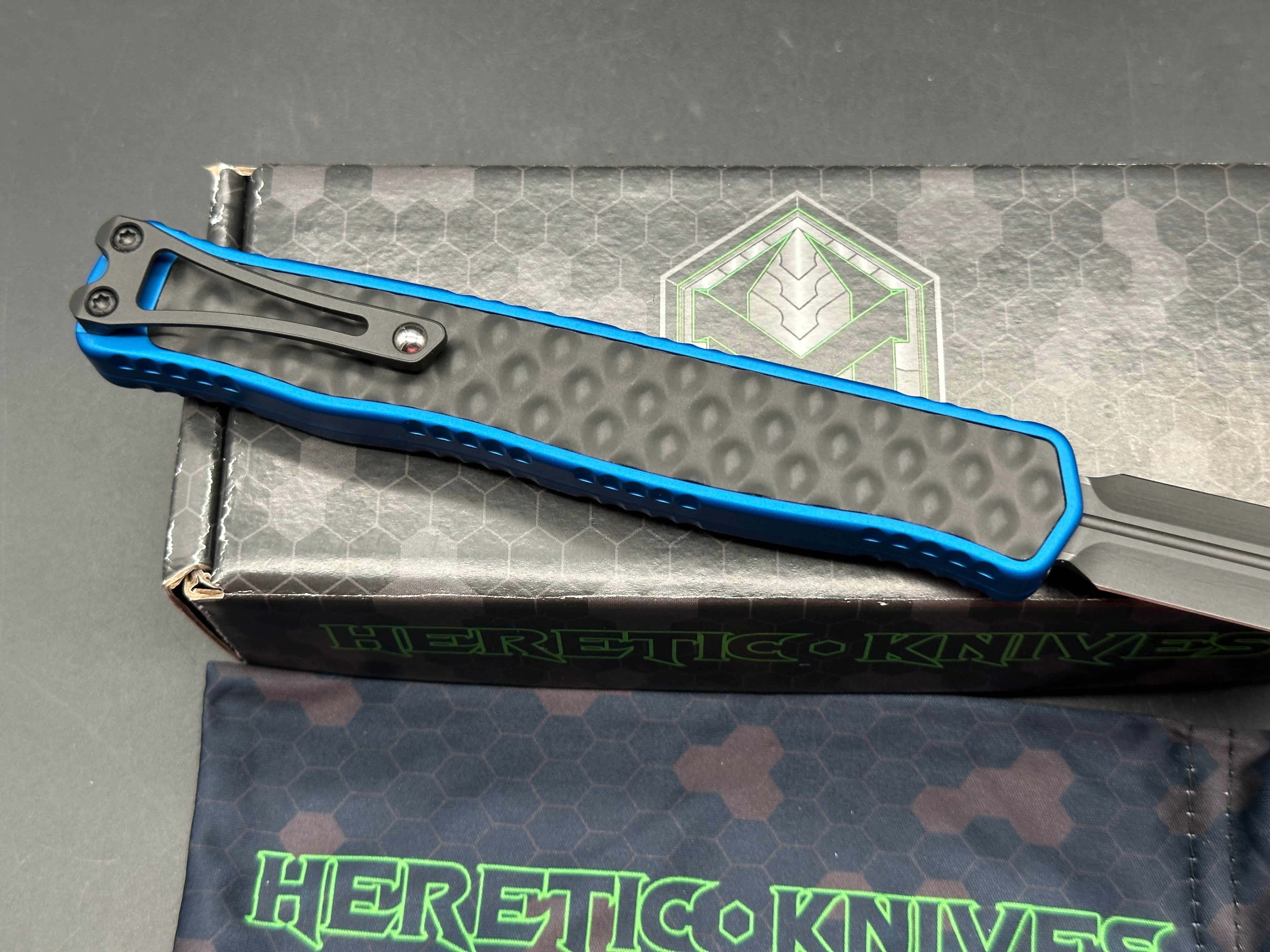 Heretic Knives Cleric 2 OTF blue aluminum handle w/stainless black bubble inlays and black magnacut blade