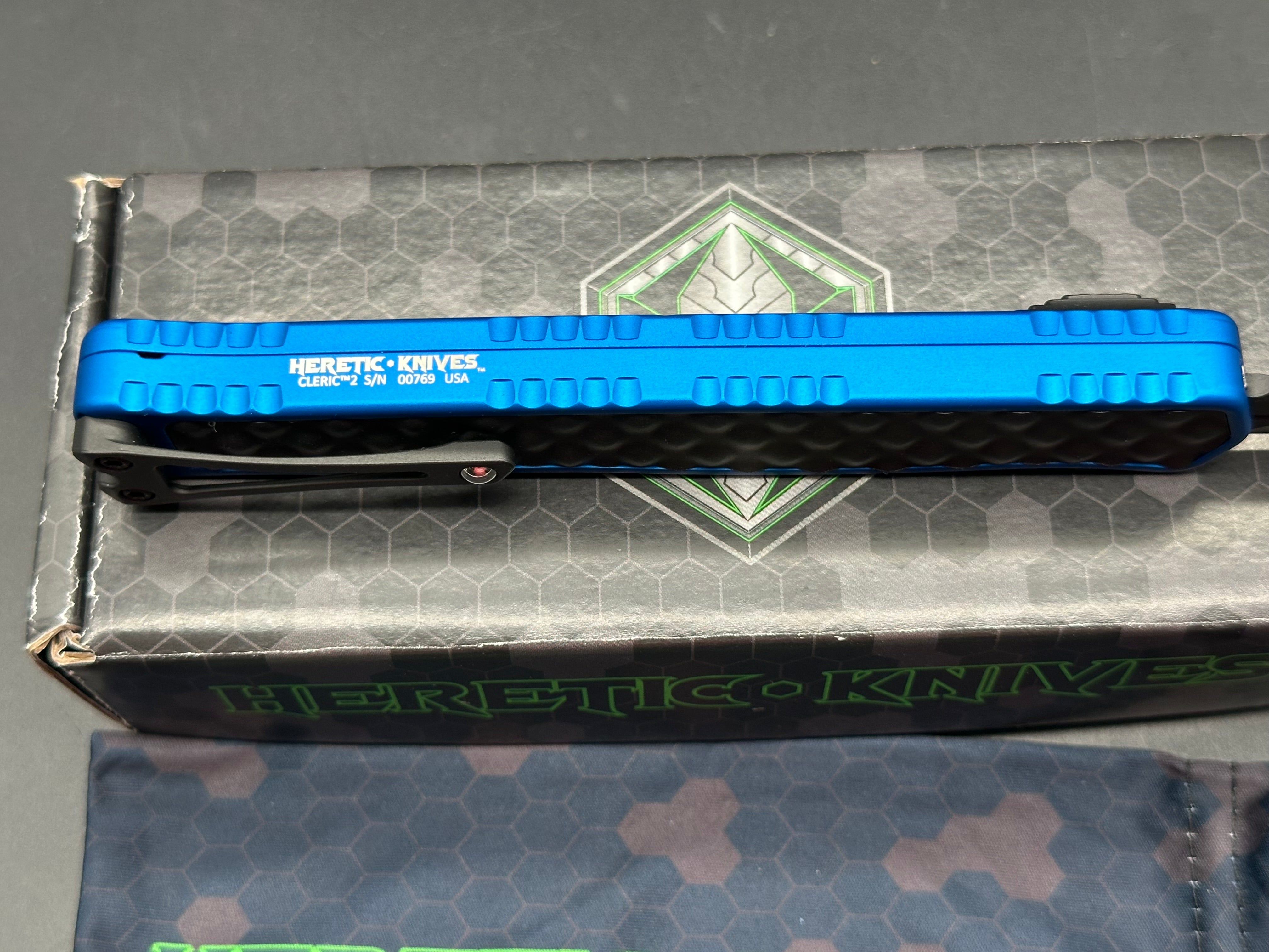 Heretic Knives Cleric 2 OTF blue aluminum handle w/stainless black bubble inlays and black magnacut blade