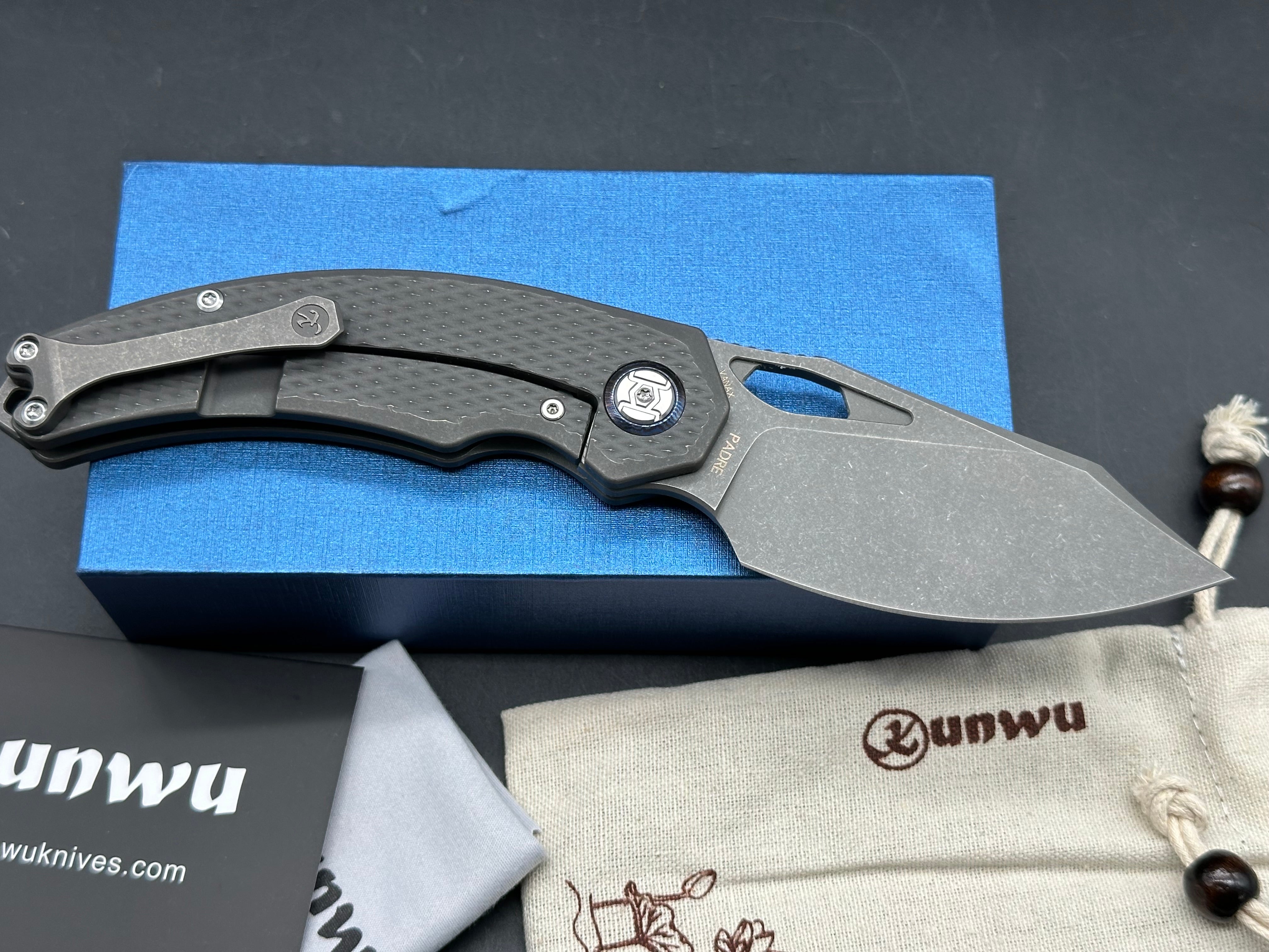 Kunwu Padre (K706T-1), Stonewashed Vanax Blade, Stonewashed Ti Handles with Diamond Texture, Timascus Pivot Collars