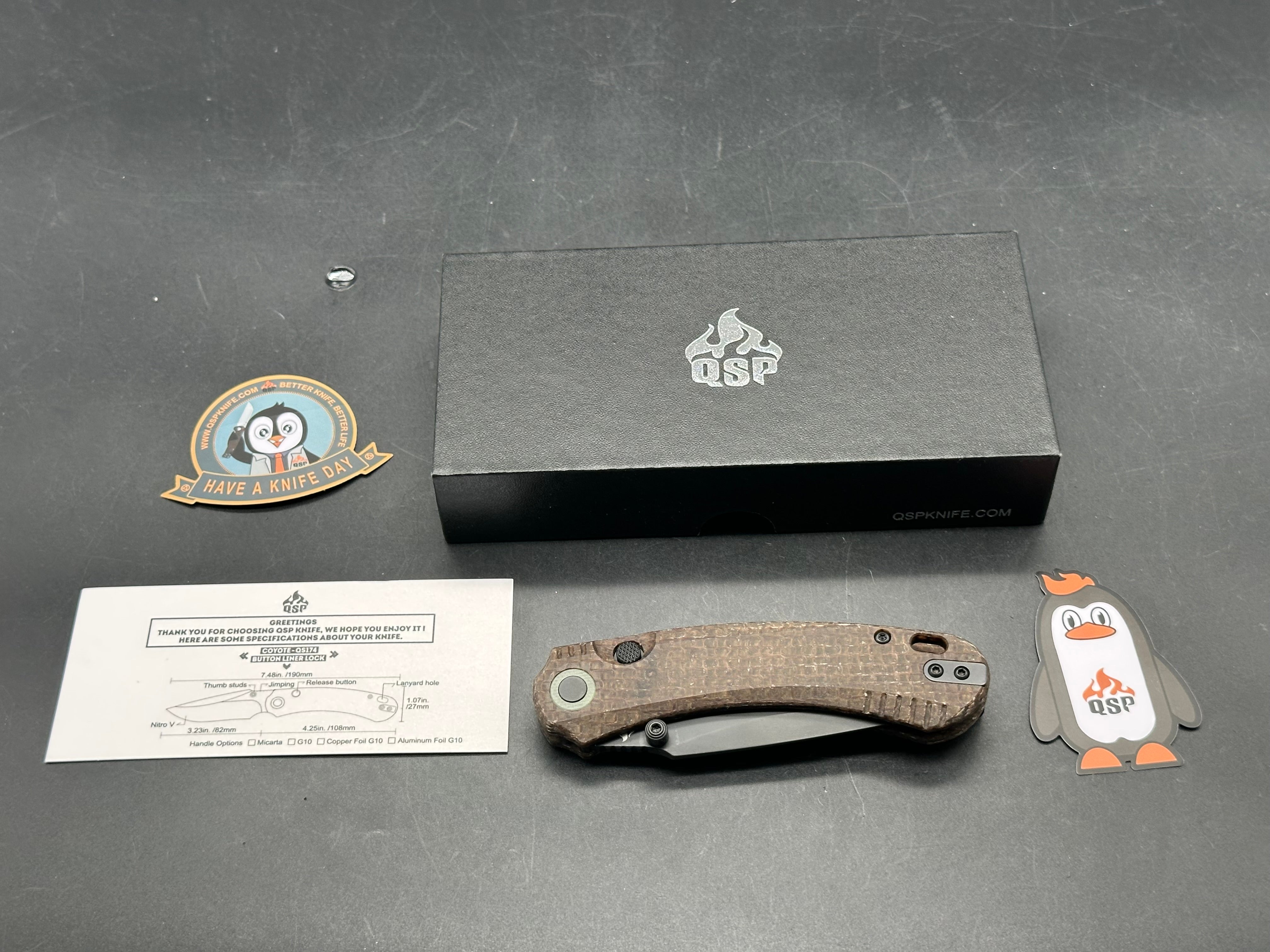 QSP Coyote glow in the dark micarta handle black Nitro-V blade 7.48" overall length