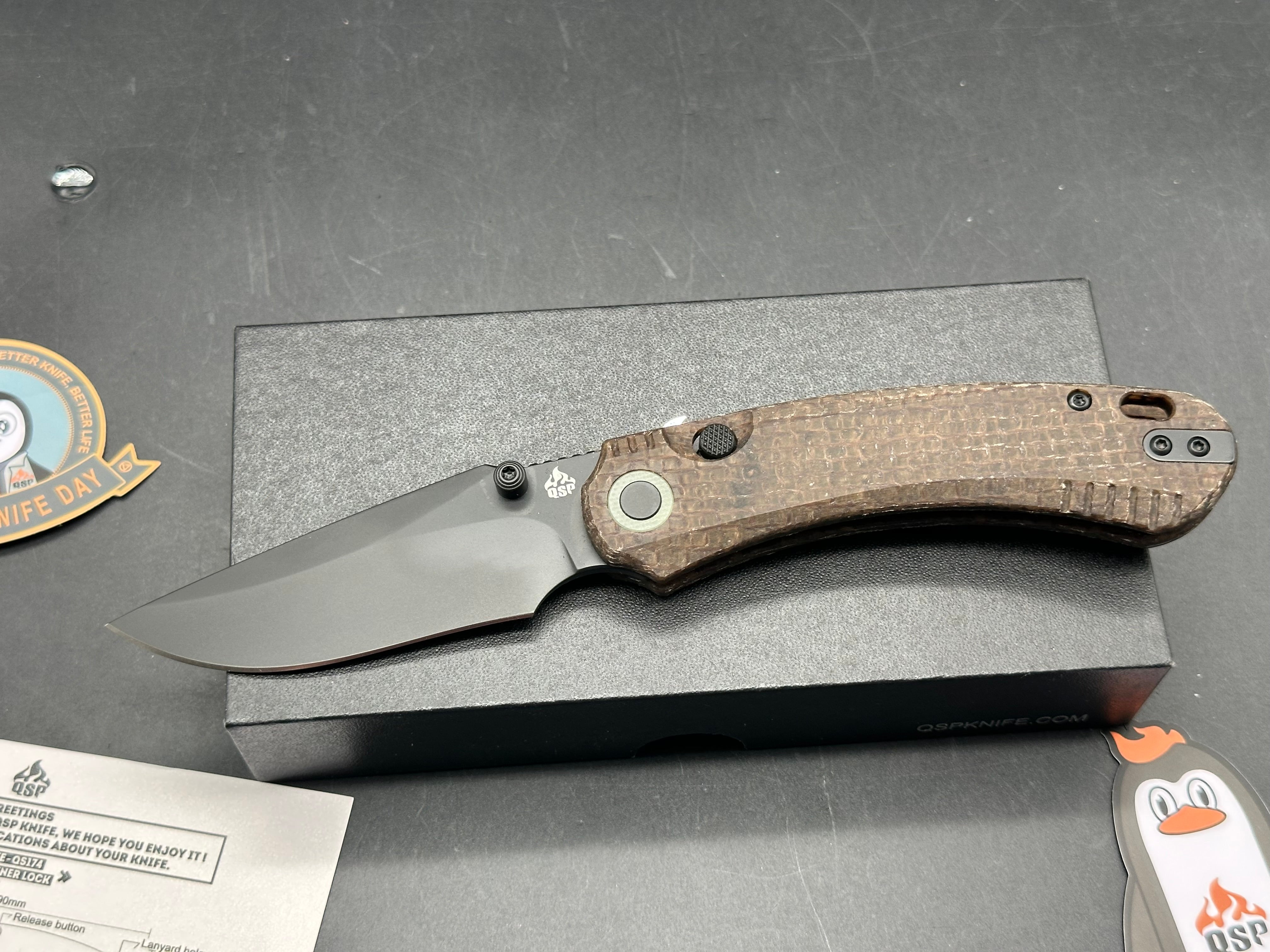QSP Coyote glow in the dark micarta handle black Nitro-V blade 7.48" overall length