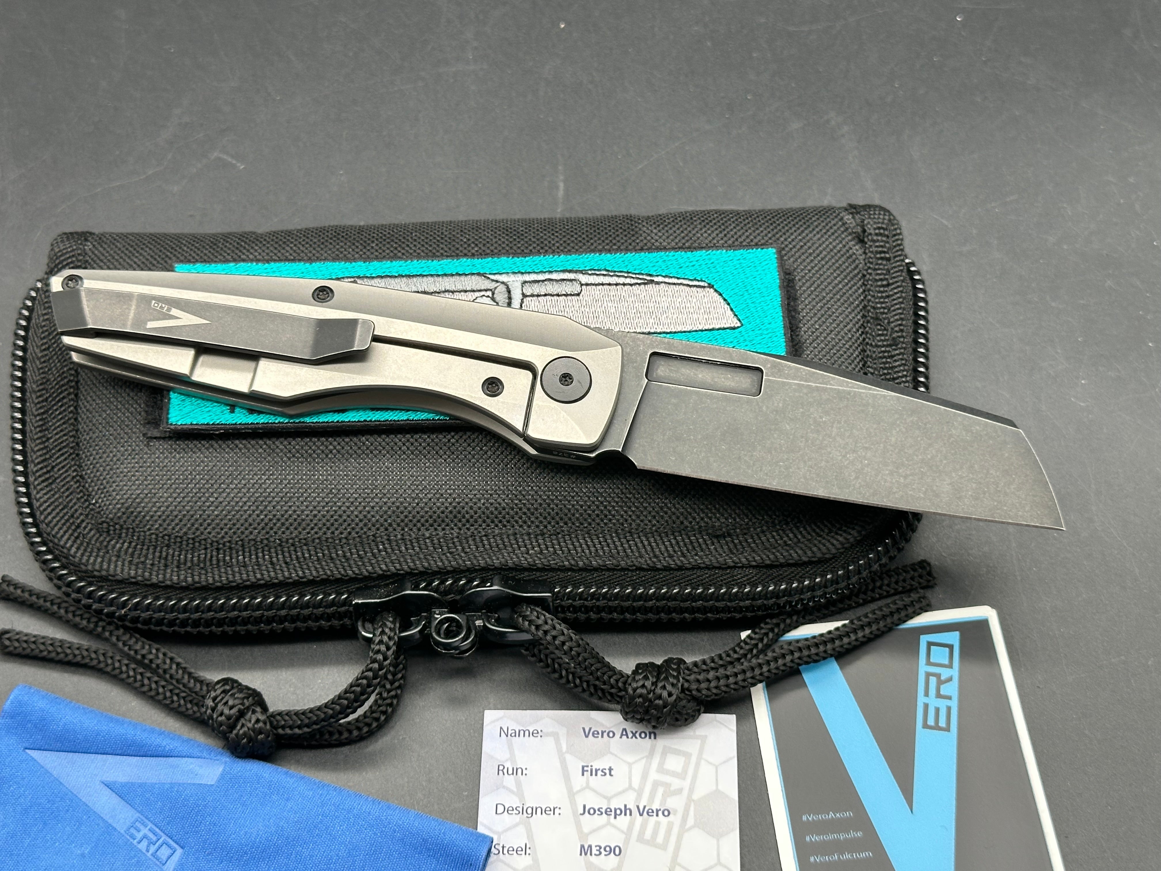 Vero Axon Frame Lock #378 First Run, Blackwashed M390 Blade, Stonewashed Ti Handles, Blackwashed Ti Backspacer