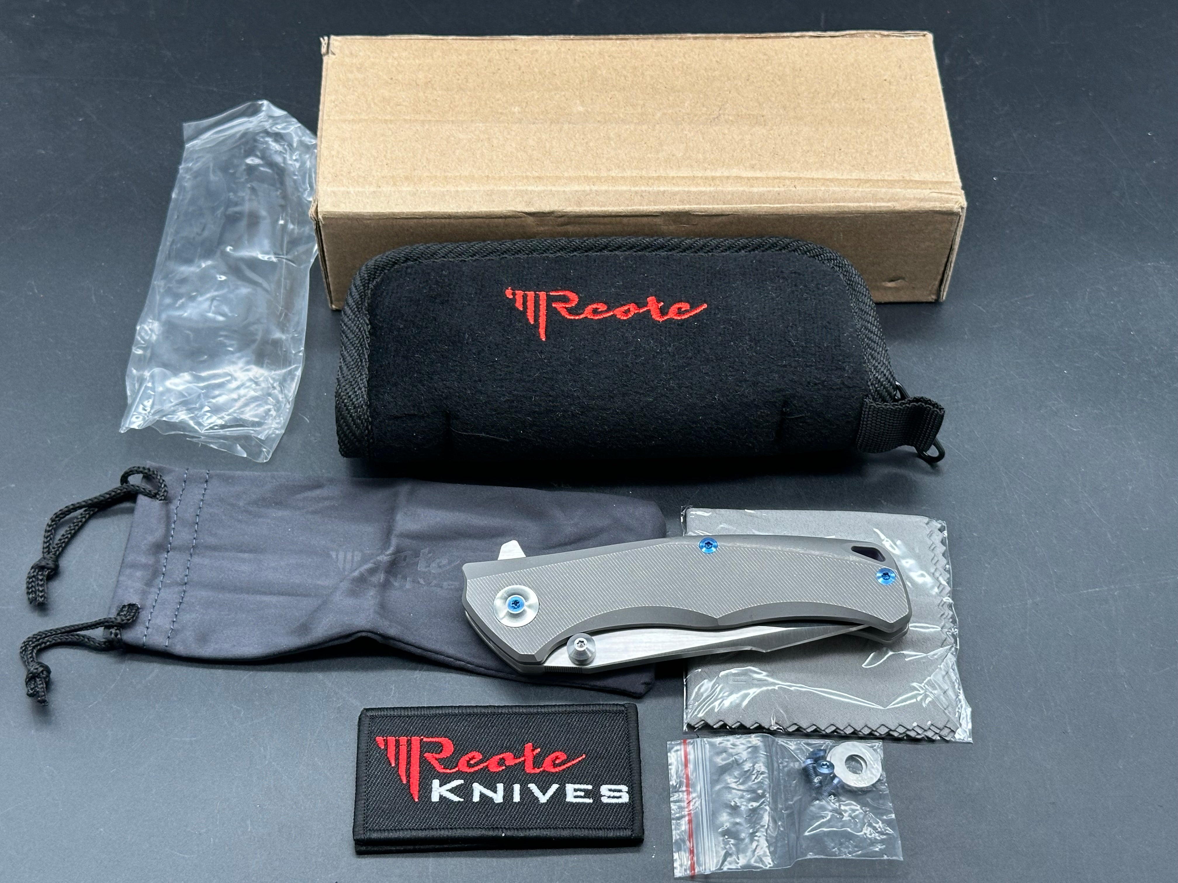 Reate New Torrent, Belt Satin RWL-34 Blade, Dark Stonewashed Titanium Handles with Micromilling, Satin Ti Backspacer