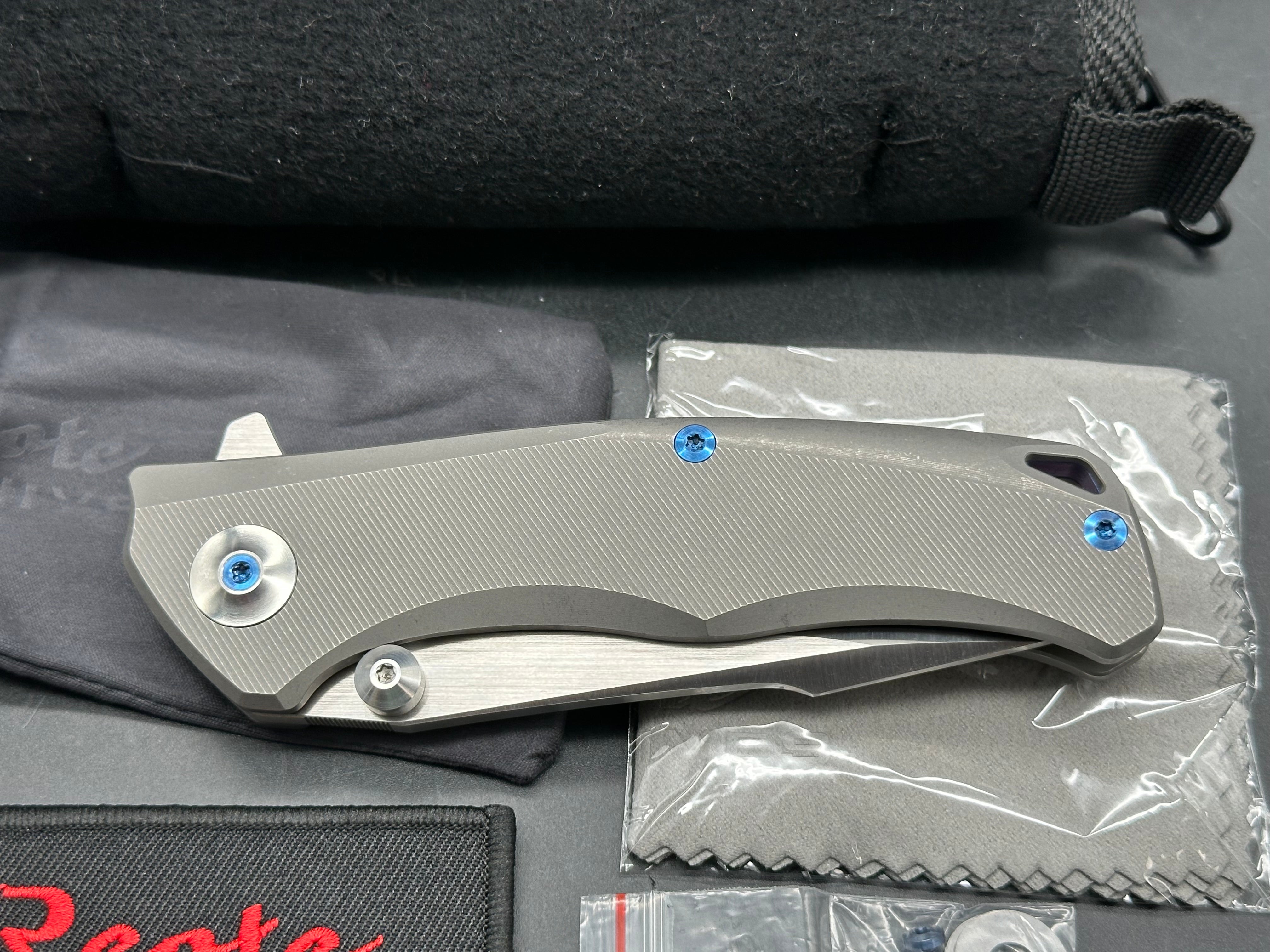 Reate New Torrent, Belt Satin RWL-34 Blade, Dark Stonewashed Titanium Handles with Micromilling, Satin Ti Backspacer