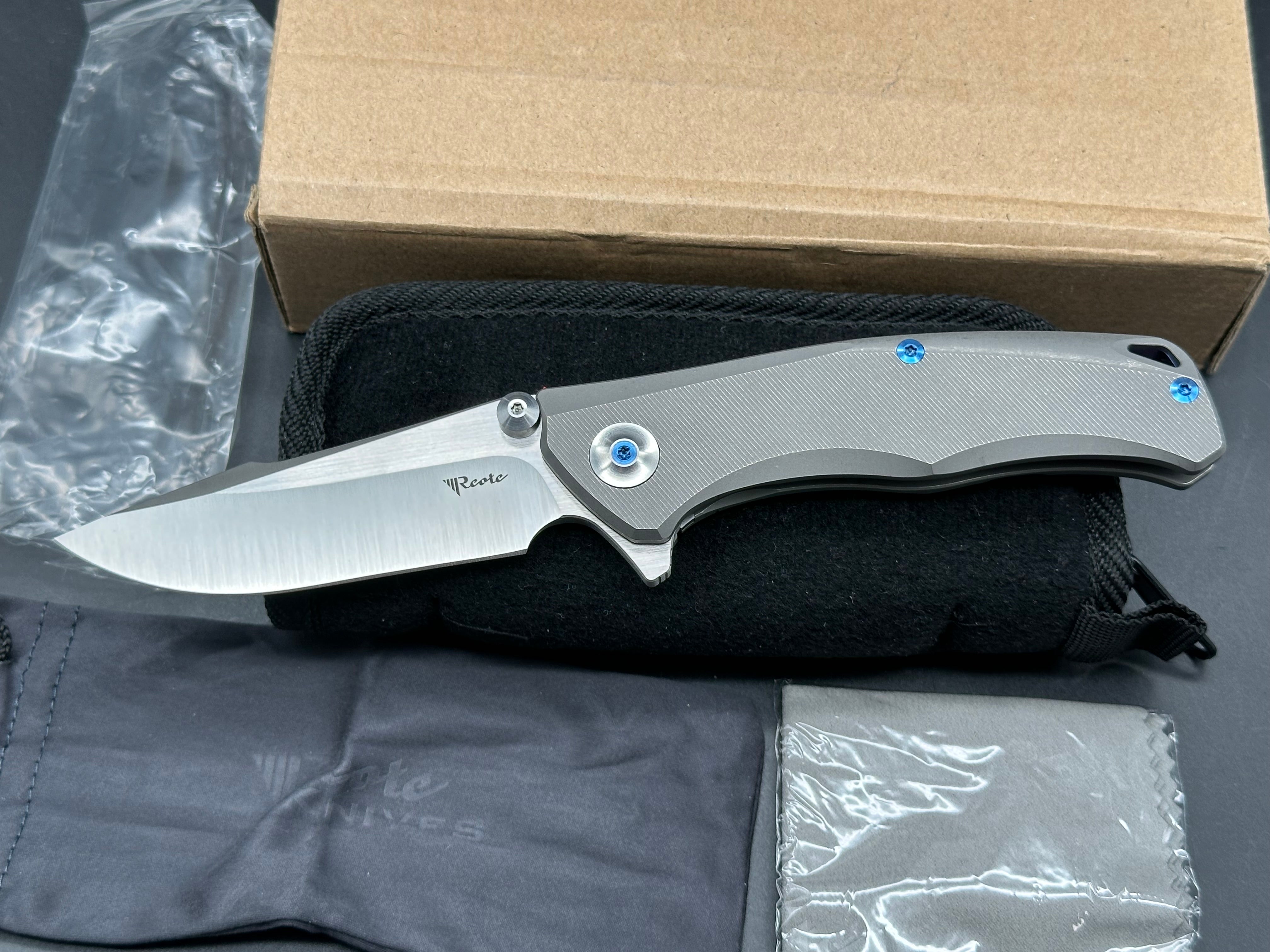 Reate New Torrent, Belt Satin RWL-34 Blade, Dark Stonewashed Titanium Handles with Micromilling, Satin Ti Backspacer