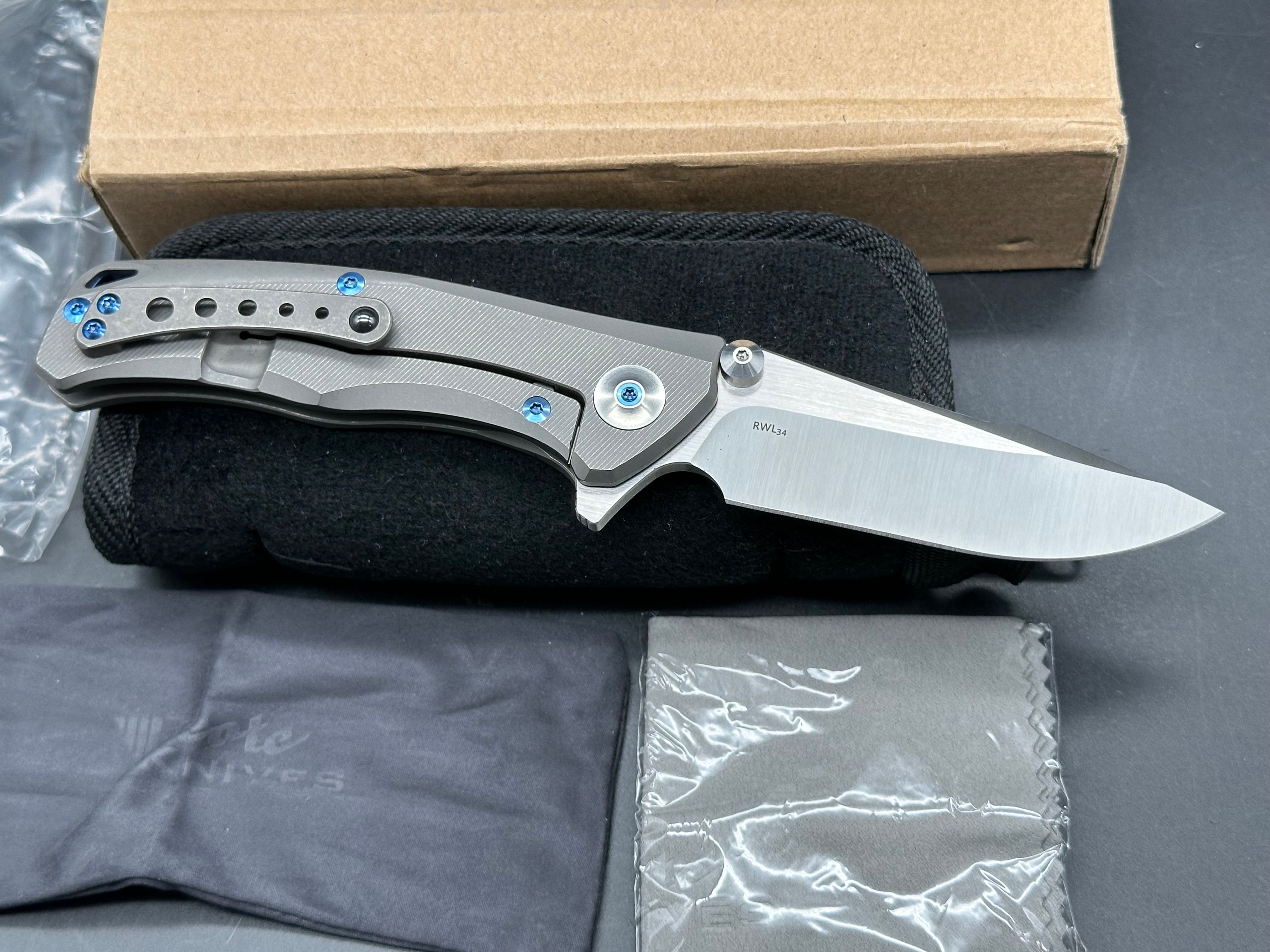 Reate New Torrent, Belt Satin RWL-34 Blade, Dark Stonewashed Titanium Handles with Micromilling, Satin Ti Backspacer