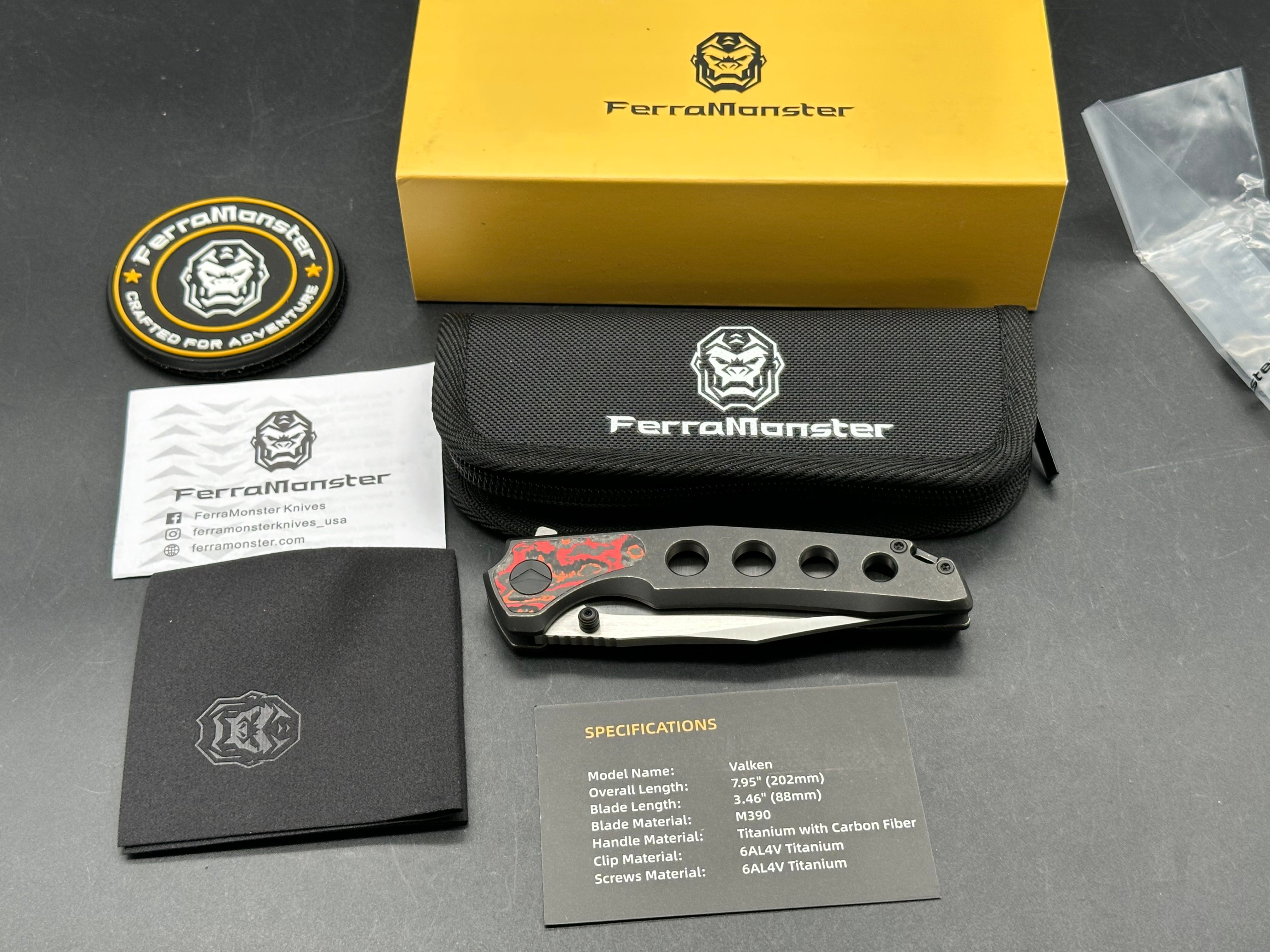 Ferramonster Valken (FM23005-C), Belt Satin M390 Blade, Blackwashed Titanium Handles with Mars Valley Fat Carbon Fiber Inlays