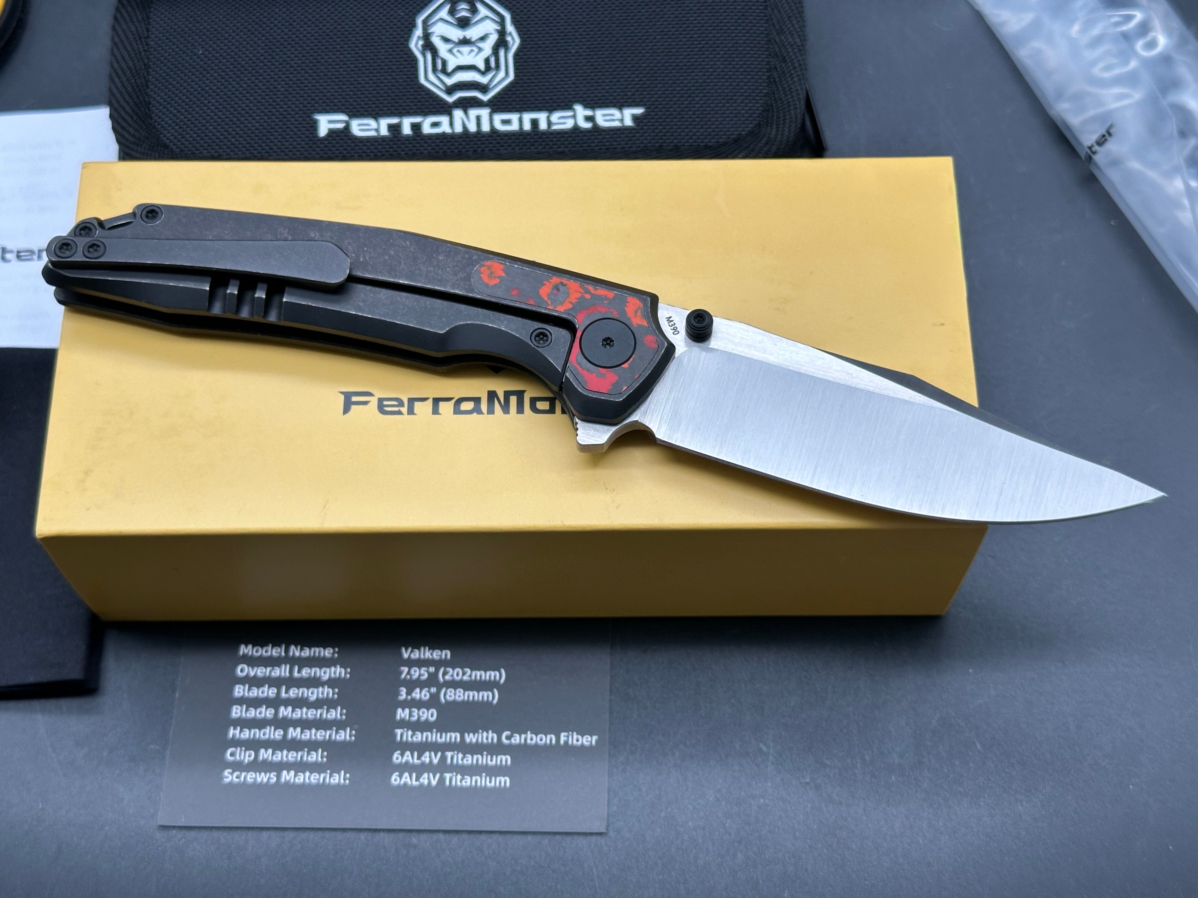 Ferramonster Valken (FM23005-C), Belt Satin M390 Blade, Blackwashed Titanium Handles with Mars Valley Fat Carbon Fiber Inlays