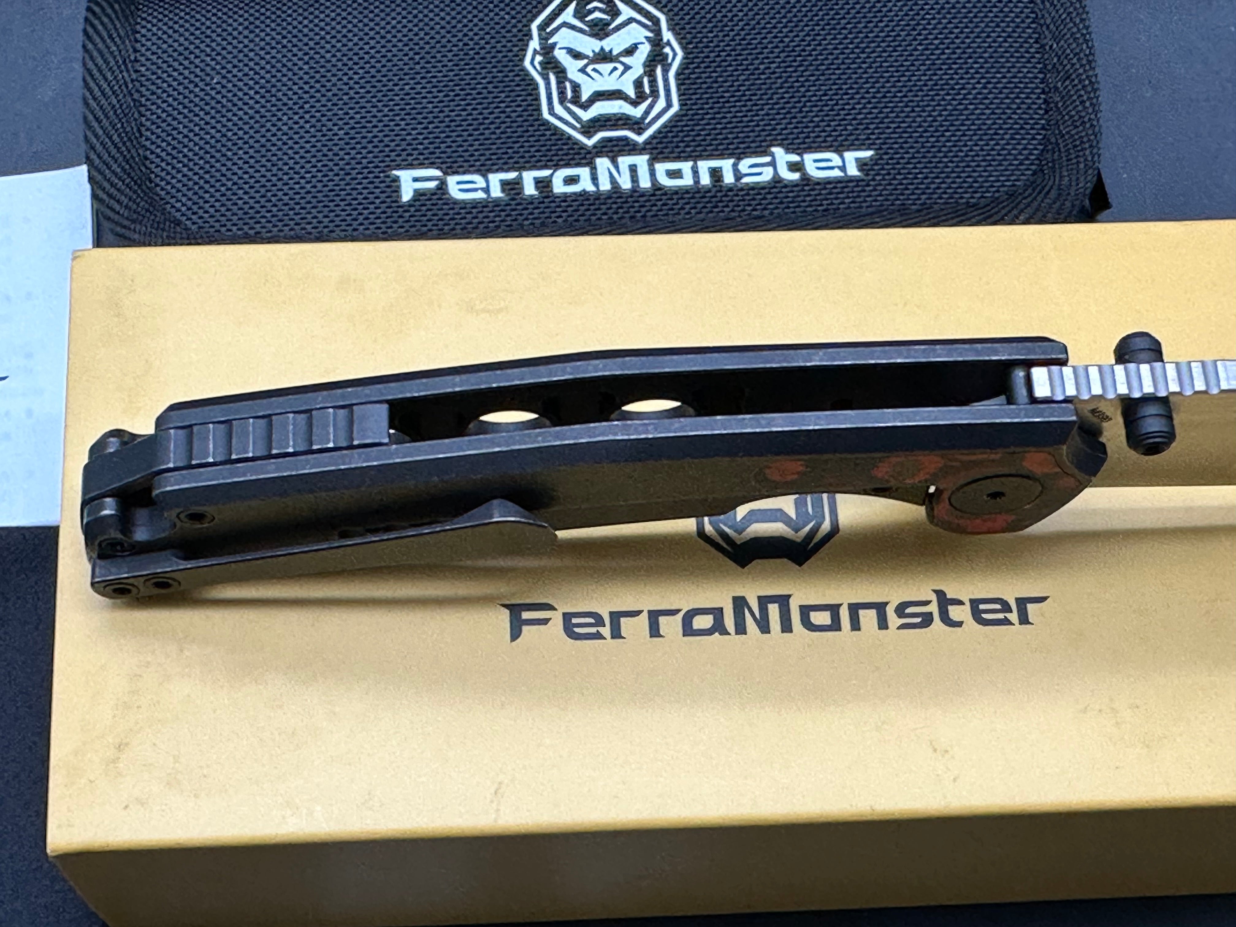 Ferramonster Valken (FM23005-C), Belt Satin M390 Blade, Blackwashed Titanium Handles with Mars Valley Fat Carbon Fiber Inlays